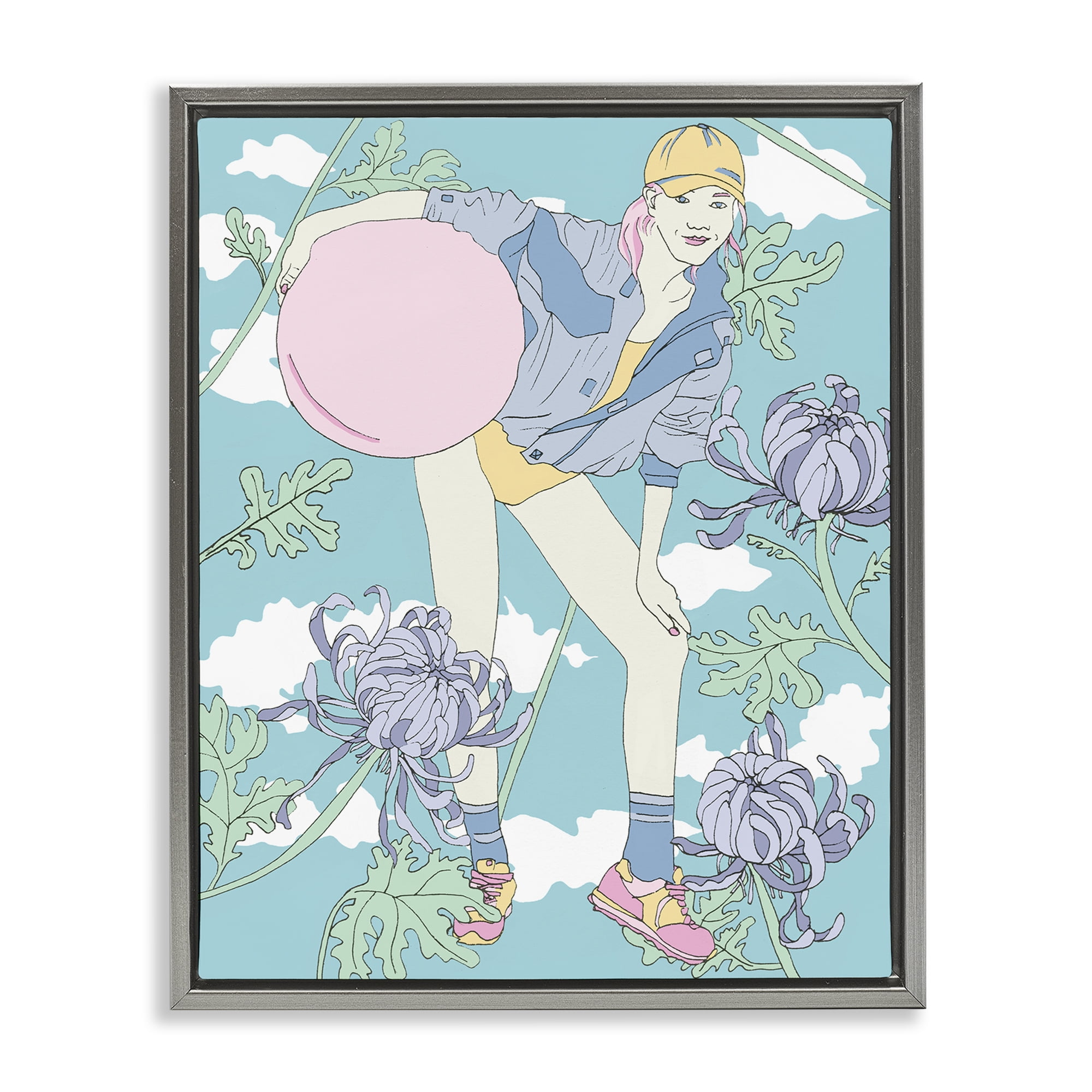 Stupell Industries Pastel Exercise Ball Girl People Painting Gray Floater Framed Canvas Art Print Wall Art, 25 x 31