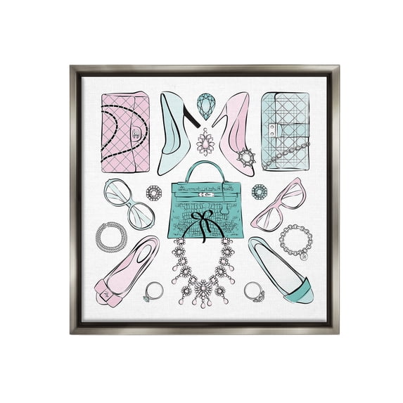 Stupell Industries Pastel Fashion Accessories Beauty & Fashion Painting Gray Floater Framed Canvas Art Print Wall Art, 18 x 18