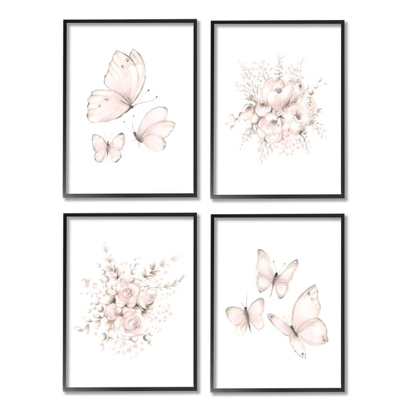 Stupell Industries Pastel Floral Blossoms Butterfly Insect Nature Painting Graphic Art Black Framed Art Print Wall Art, Set of 4, Design by Studio Q