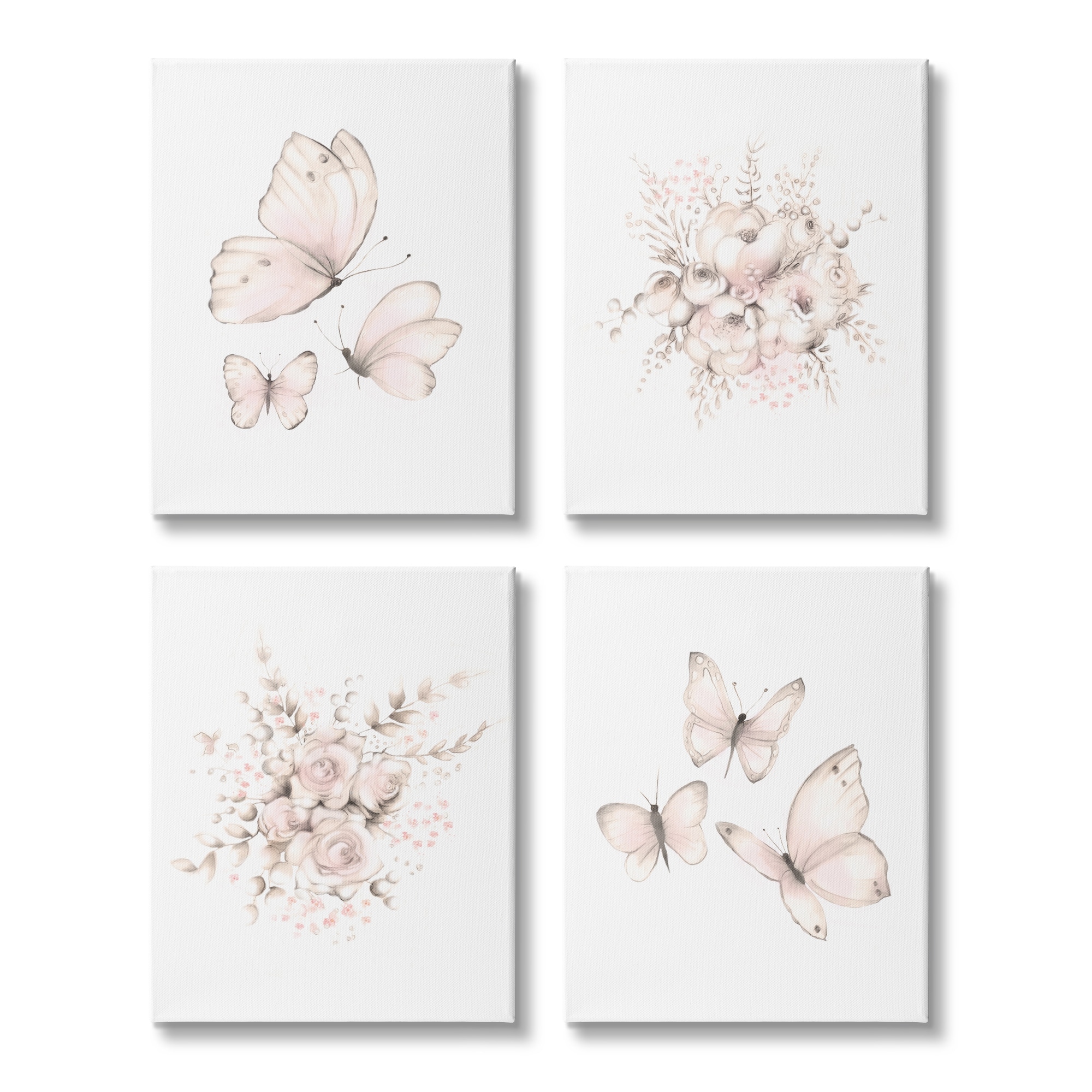 Stupell Industries Pastel Floral Blossoms Butterfly Insect Nature Painting Graphic Art Gallery Wrapped Canvas Print Wall Art, Set of 4, Design by Studio Q