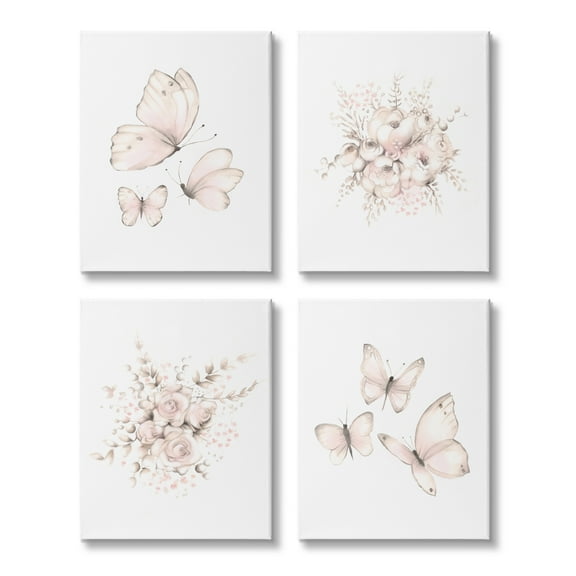 Stupell Industries Pastel Floral Blossoms Butterfly Insect Nature Painting Graphic Art Gallery Wrapped Canvas Print Wall Art, Set of 4, Design by Studio Q