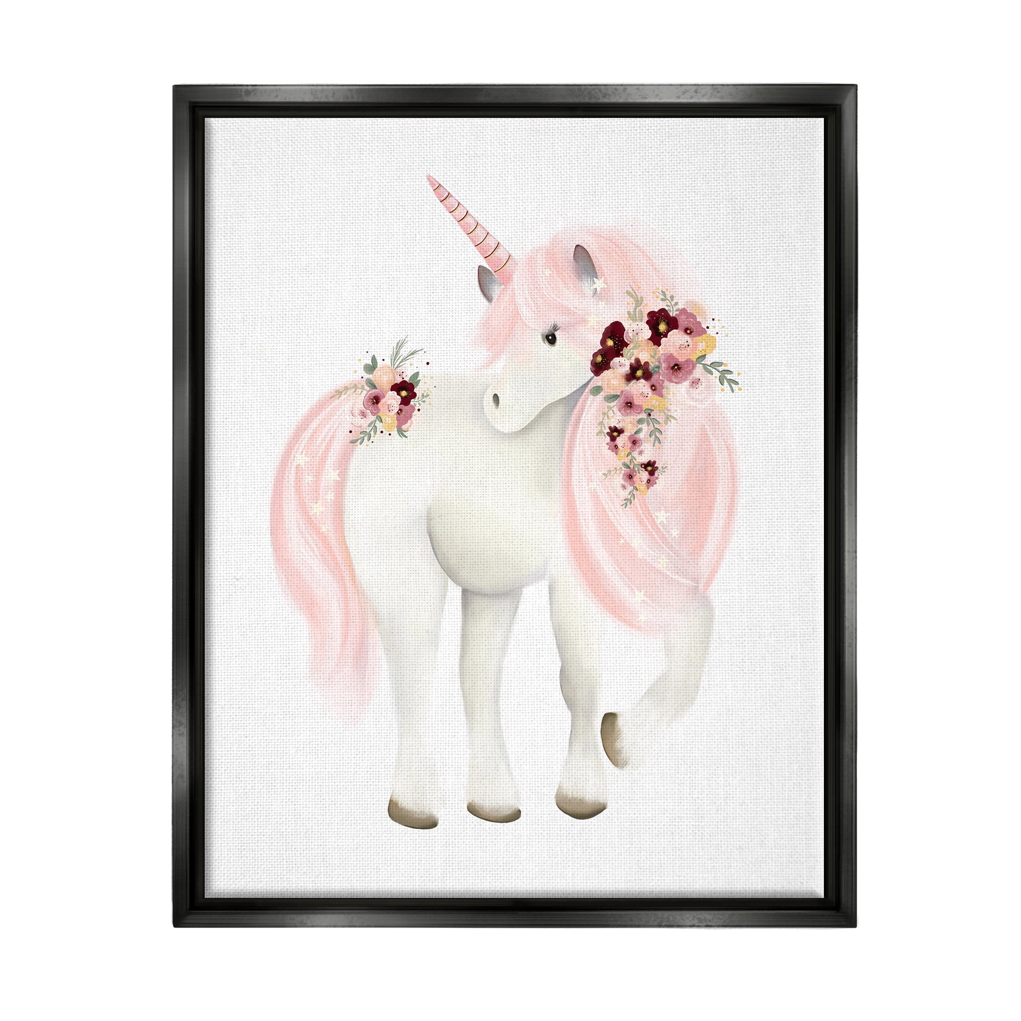Stupell Industries Pastel Floral Unicorn Fairy Tales & Fantasy Painting Black Floater Framed Canvas Art Print Wall Art, 25 x 31