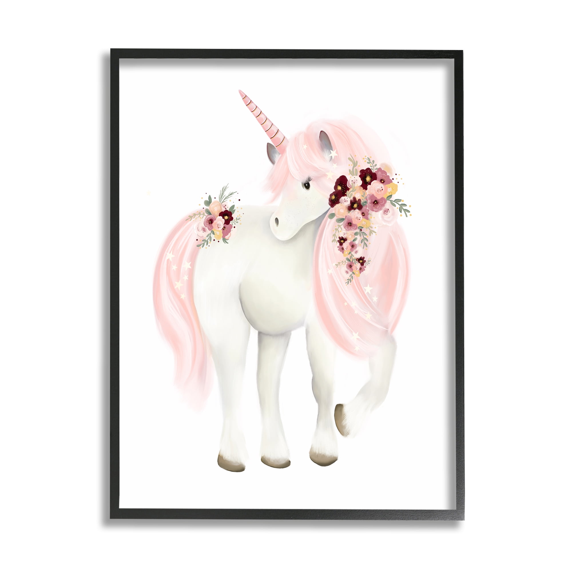 Stupell Industries Pastel Floral Unicorn Fairy Tales & Fantasy Painting Black Framed Art Print Wall Art, 16 x 20