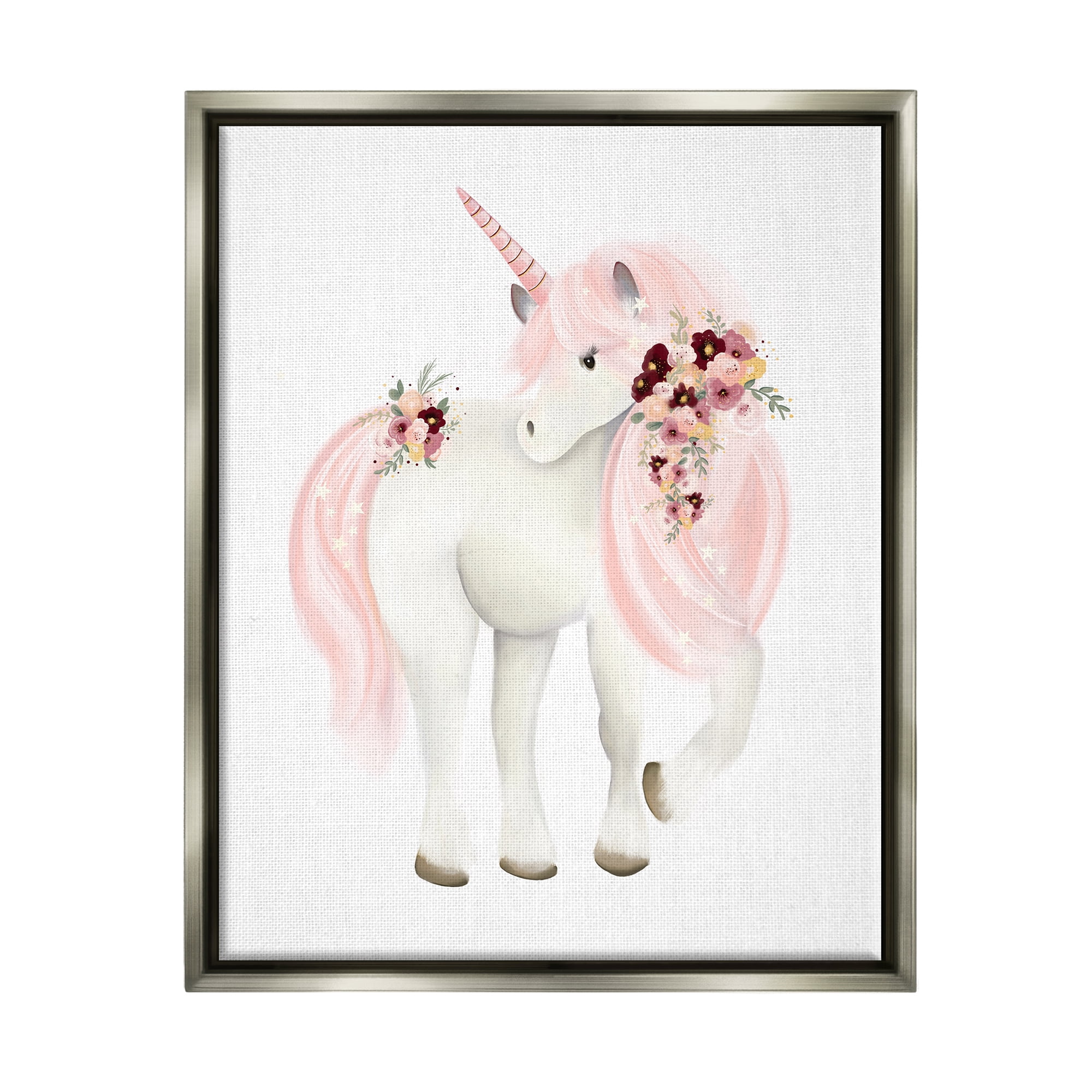 Stupell Industries Pastel Floral Unicorn Fairy Tales & Fantasy Painting Gray Floater Framed Canvas Art Print Wall Art, 17 x 21