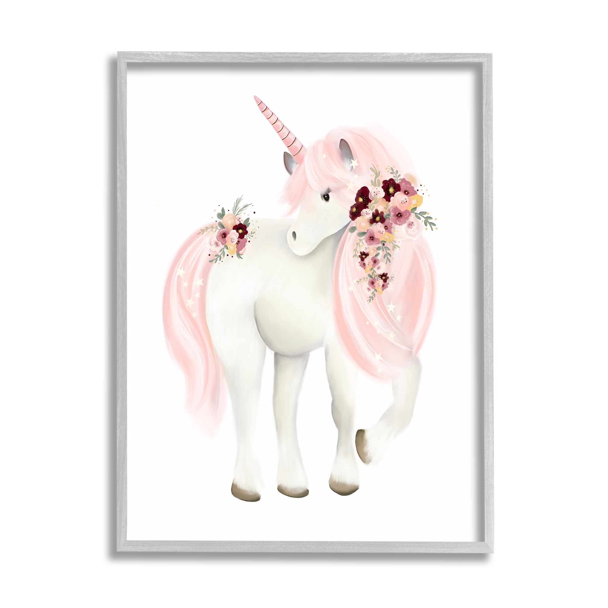 Stupell Industries Pastel Floral Unicorn Fairy Tales & Fantasy Painting Gray Framed Art Print Wall Art, 16 x 20