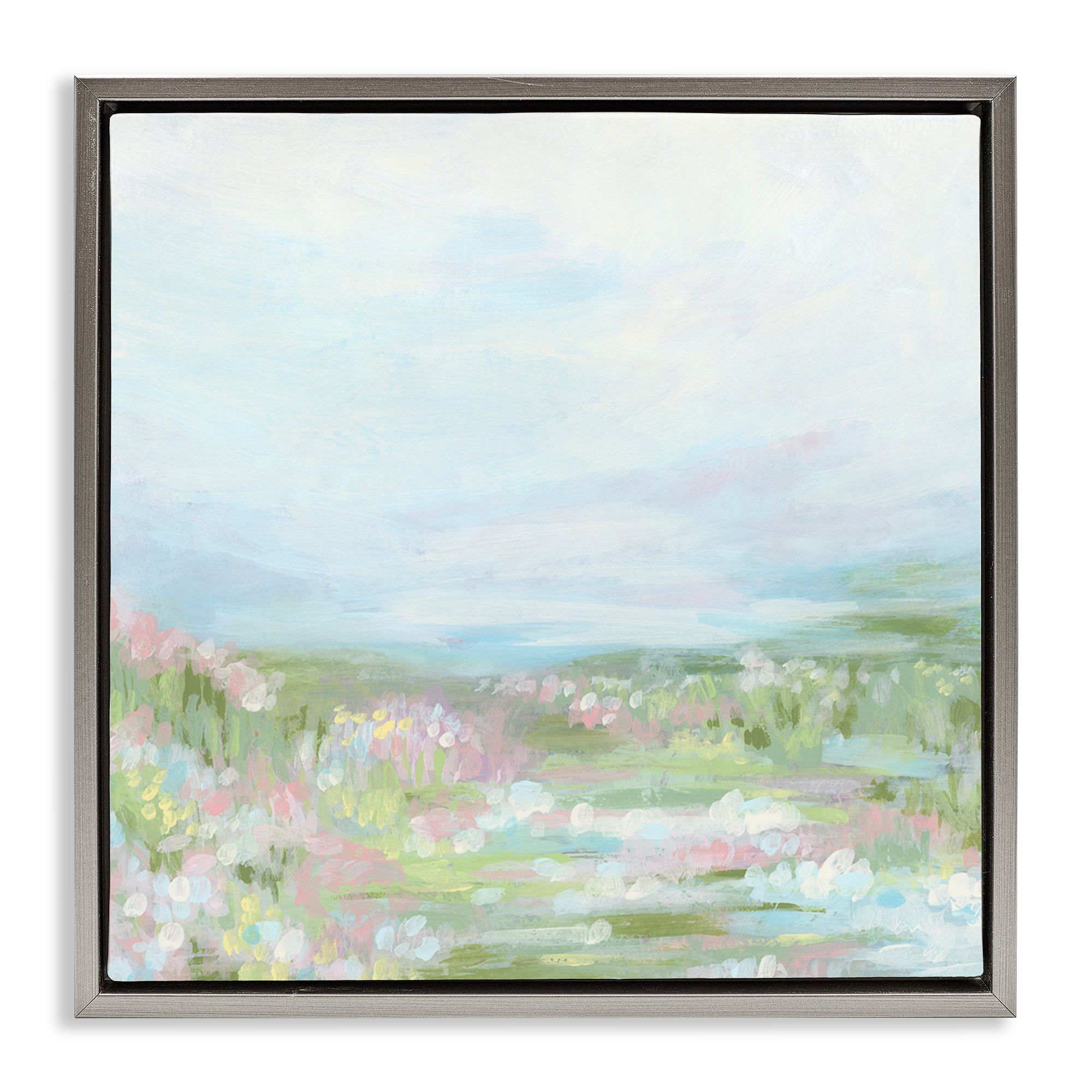 Stupell Industries Pastel Flower Field Landscape & Nature Painting Gray Floater Framed Canvas Art Print Wall Art, 18 x 18