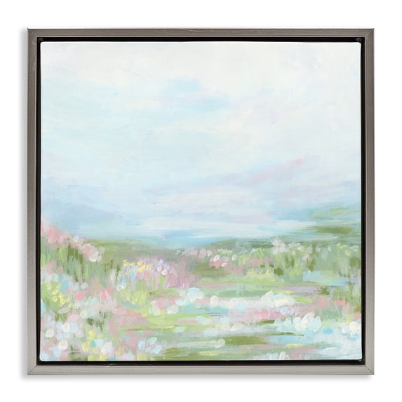 Stupell Industries Pastel Flower Field Landscape & Nature Painting Gray Floater Framed Canvas Art Print Wall Art, 18 x 18