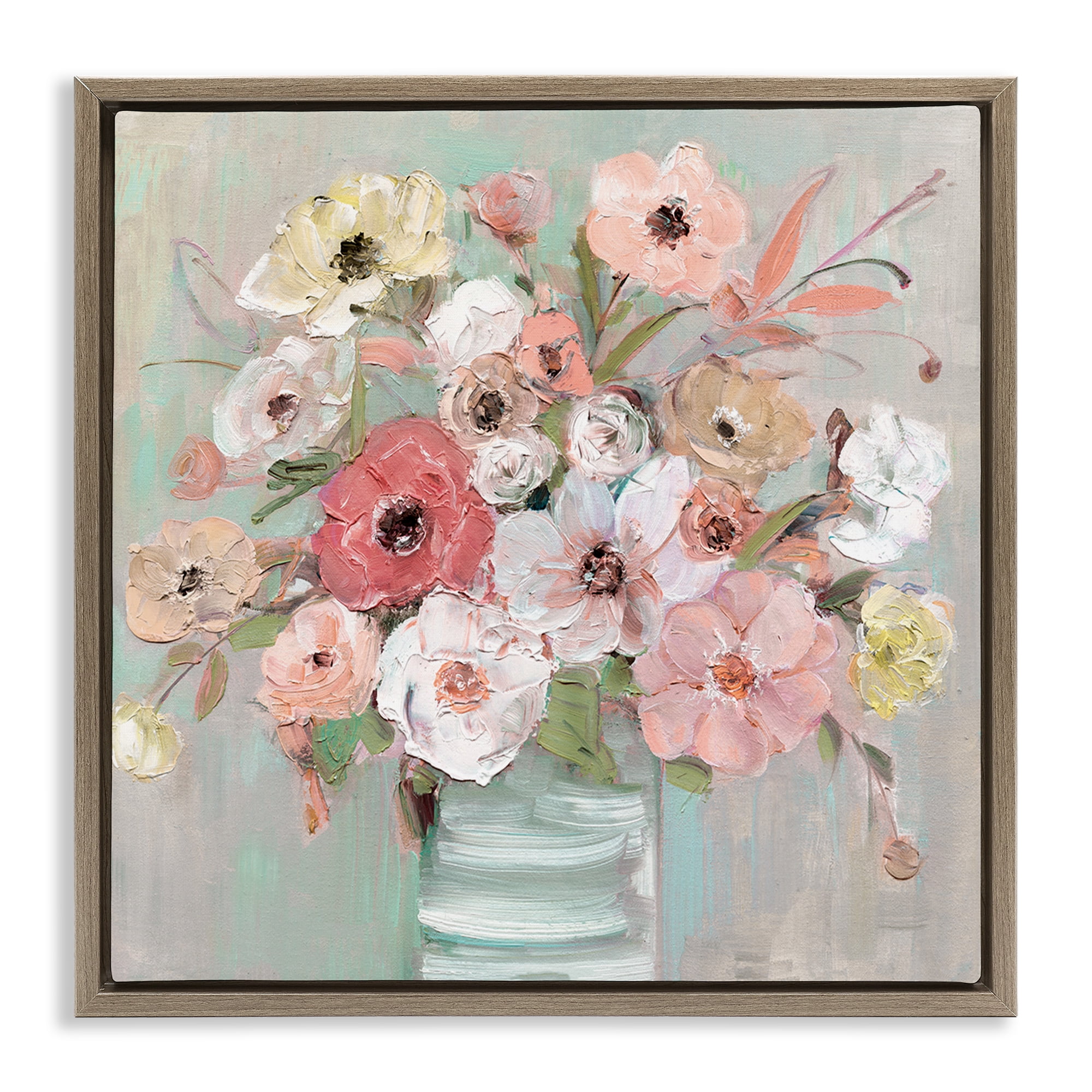 Stupell Industries Pastel Flower Forms Vase Brown Framed Floater Canvas Wall Art, design by Sally Swatland