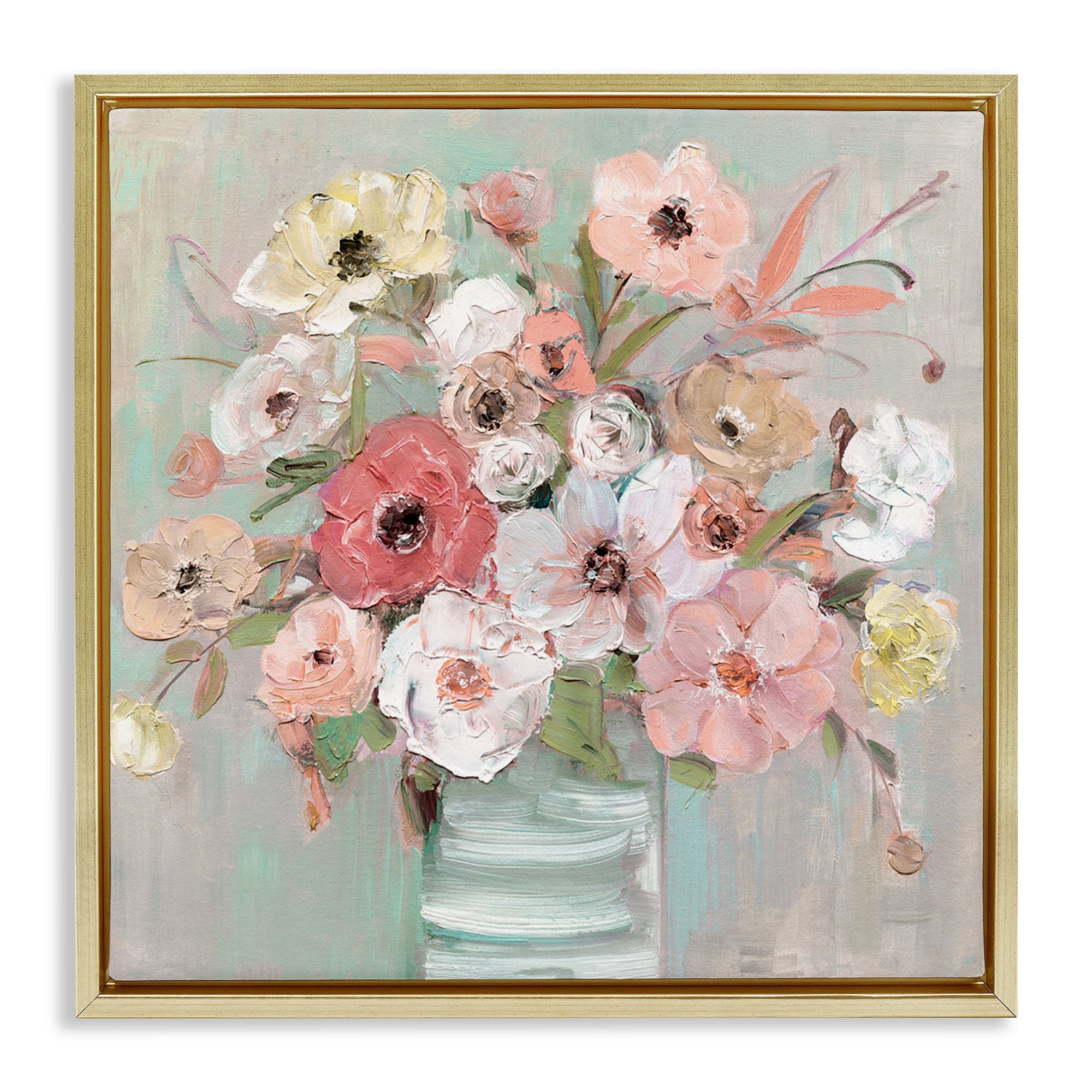 Stupell Industries Pastel Flower Forms Vase Gold Framed Floater Canvas Wall Art, design by Sally Swatland
