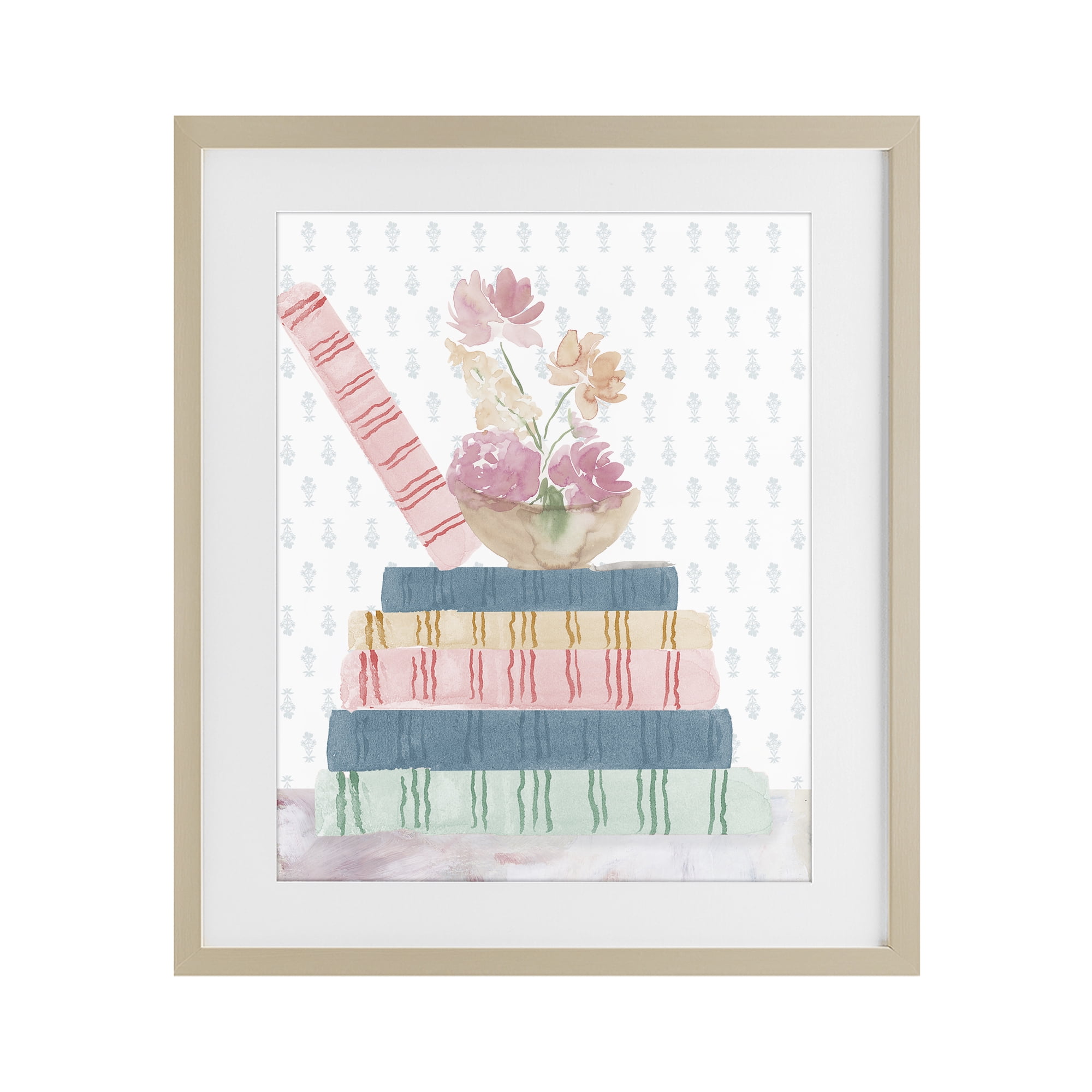 Stupell Industries Pastel Flowers And Books Birch Framed Print Under Glass, design by Lucille Price