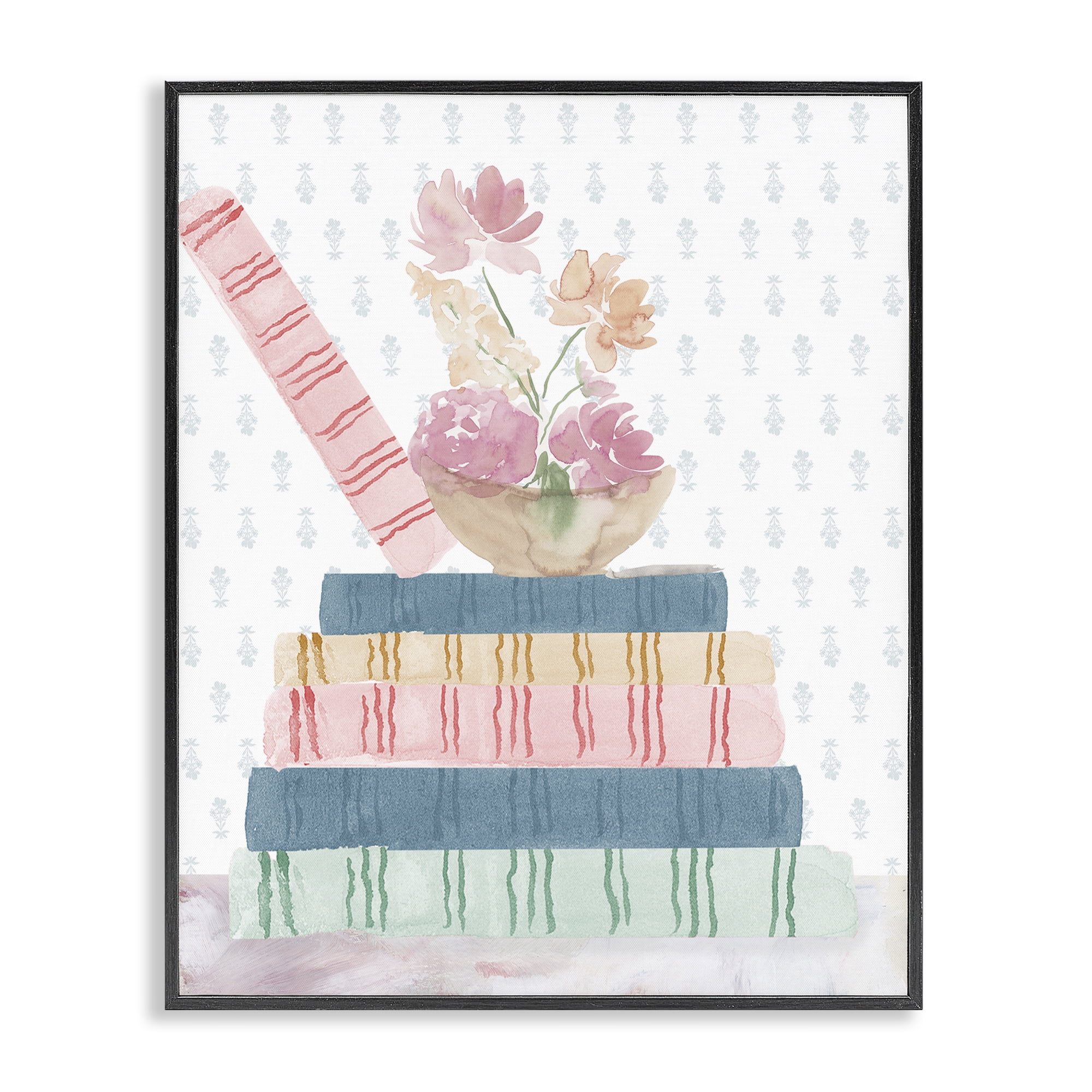 Stupell Industries Pastel Flowers And Books Black Framed Giclee Art, design by Lucille Price