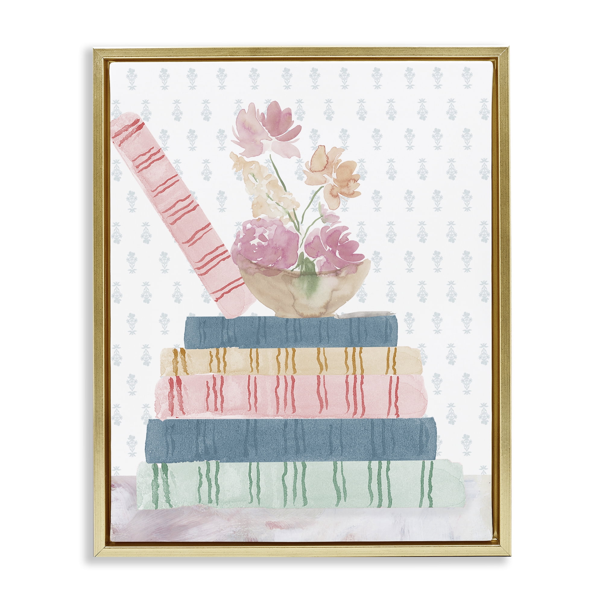 Stupell Industries Pastel Flowers And Books Gold Framed Floater Canvas Wall Art, design by Lucille Price