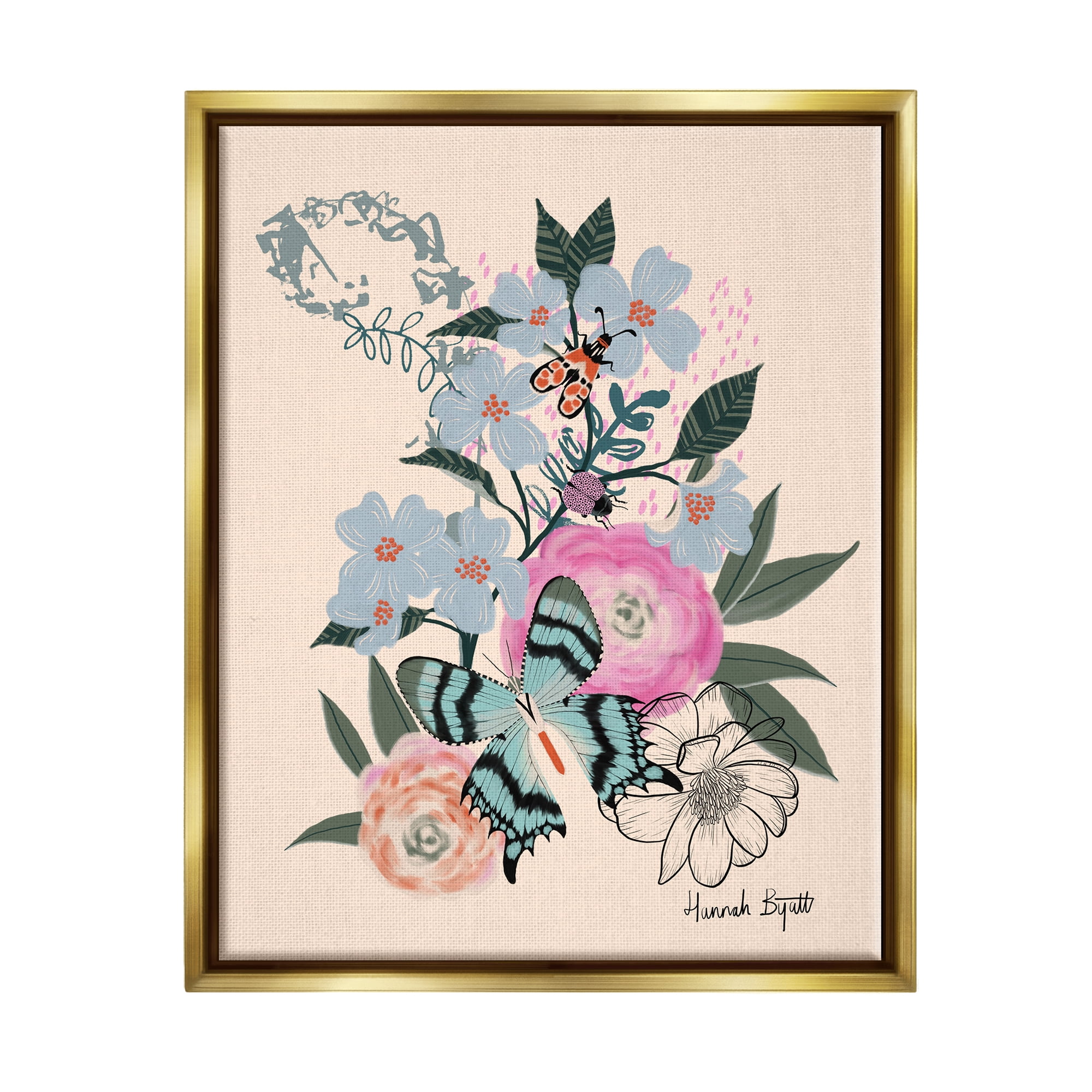 Stupell Industries Pastel Flowers & Butterfly Animals & Insects Painting Gold Floater Framed Art Print Wall Art, 25 x 31