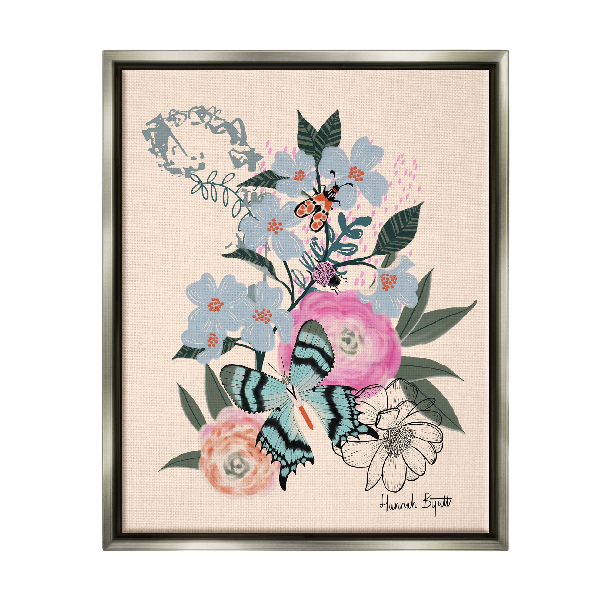 Stupell Industries Pastel Flowers & Butterfly Animals & Insects Painting Gray Floater Framed Art Print Wall Art, 17 x 21