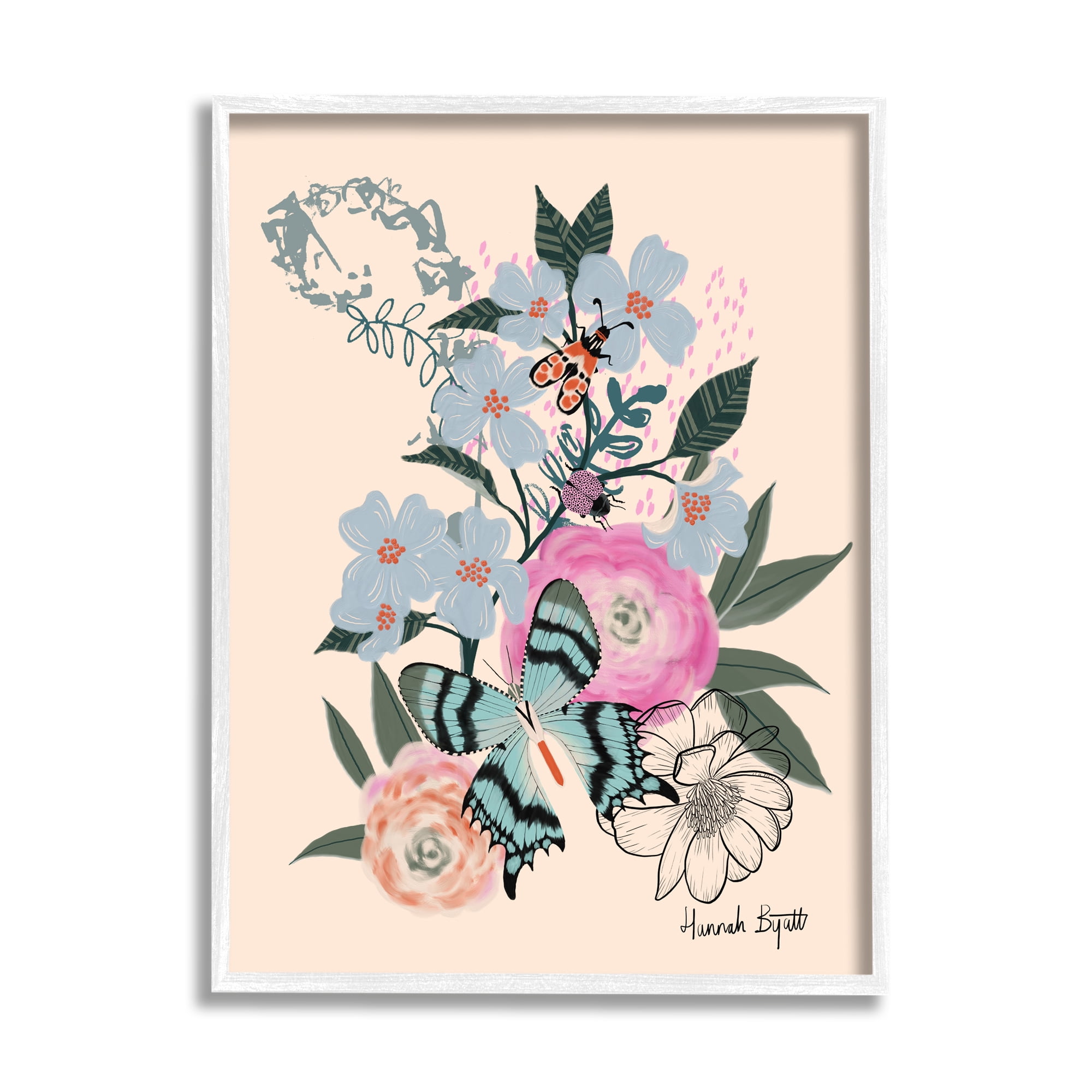 Stupell Industries Pastel Flowers & Butterfly Animals & Insects Painting White Framed Art Print Wall Art, 11 x 14