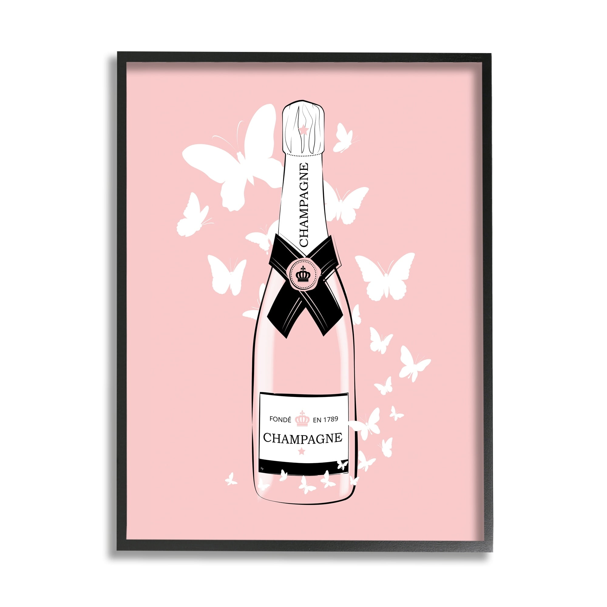 Stupell Industries Pastel Fluttering Butterflies Chic Pink Champagne Bottle Graphic Art Black Framed Art Print Wall Art, Design by Martina Pavlova