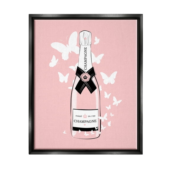 Stupell Industries Pastel Fluttering Butterflies Chic Pink Champagne Bottle Graphic Art Jet Black Floating Framed Canvas Print Wall Art, Design by Martina Pavlova