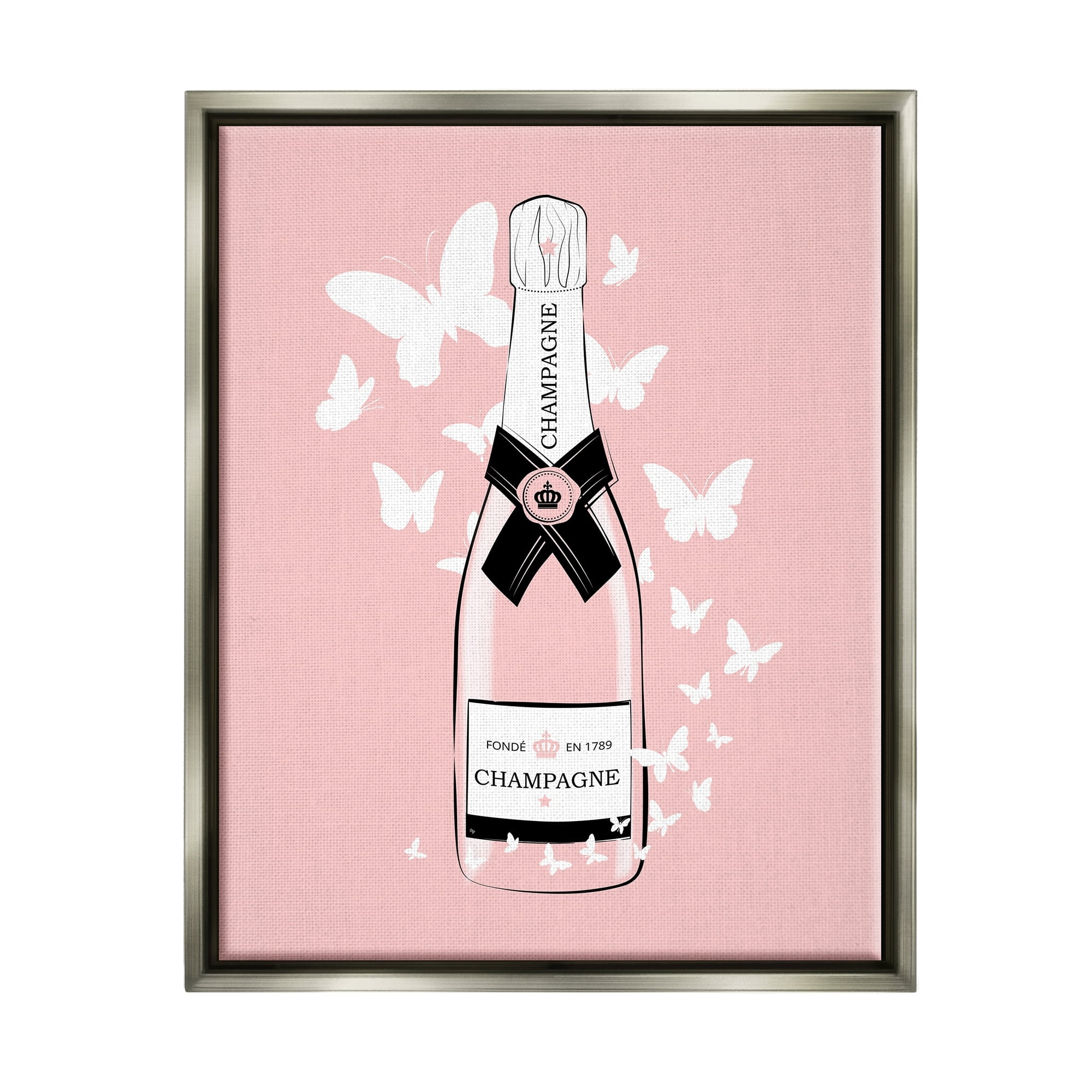 Stupell Industries Pastel Fluttering Butterflies Chic Pink Champagne Bottle Graphic Art Luster Gray Floating Framed Canvas Print Wall Art, Design by Martina Pavlova