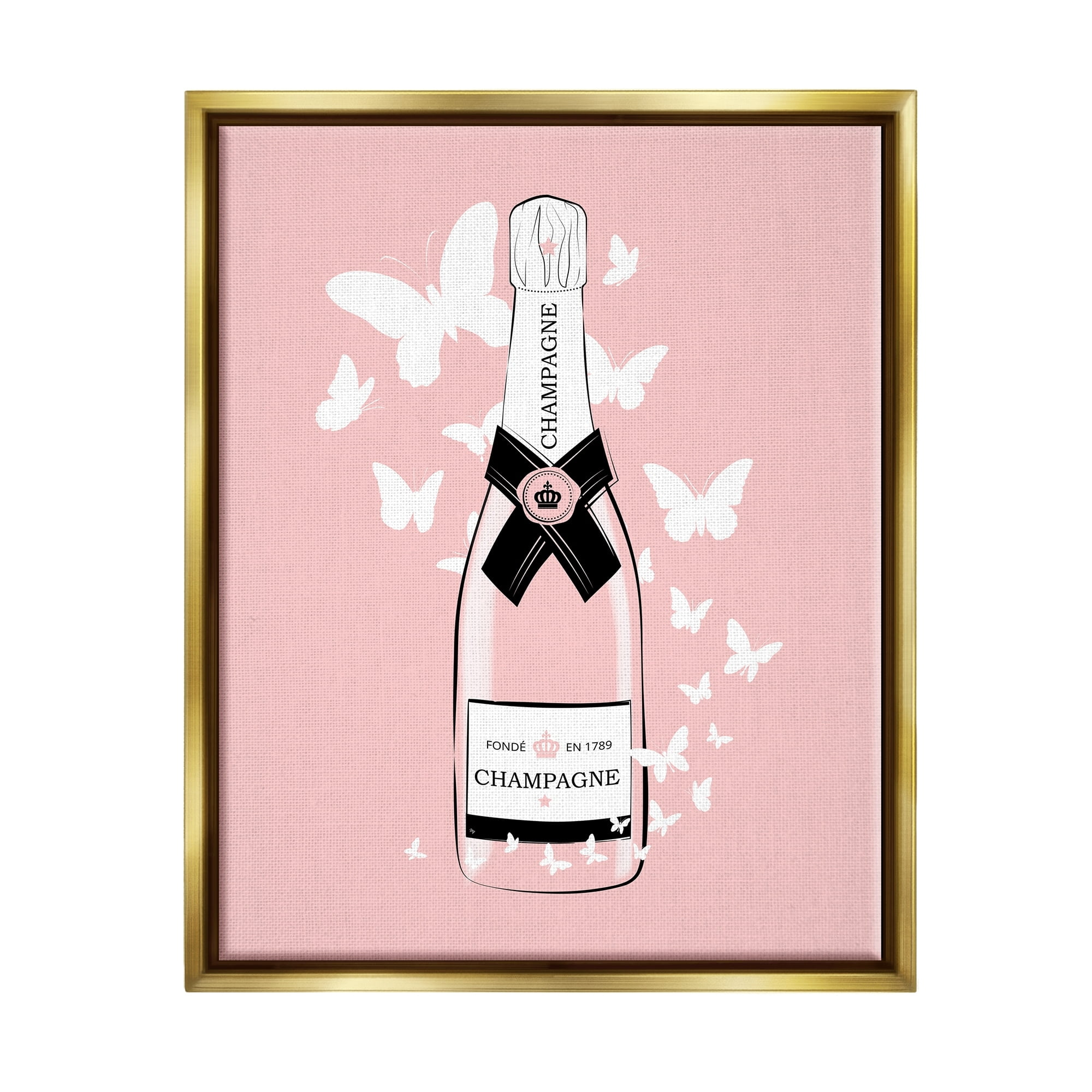 Stupell Industries Pastel Fluttering Butterflies Chic Pink Champagne Bottle Graphic Art Metallic Gold Floating Framed Canvas Print Wall Art, Design by Martina Pavlova