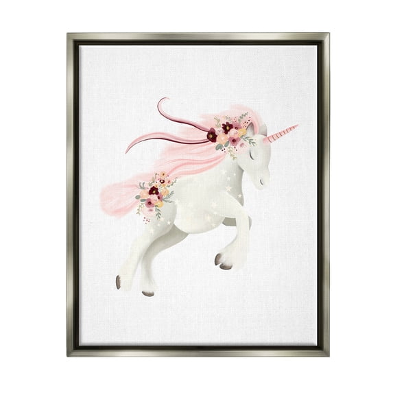 Stupell Industries Pastel Galloping Unicorn Fairy Tales & Fantasy Painting Gray Floater Framed Canvas Art Print Wall Art, 25 x 31