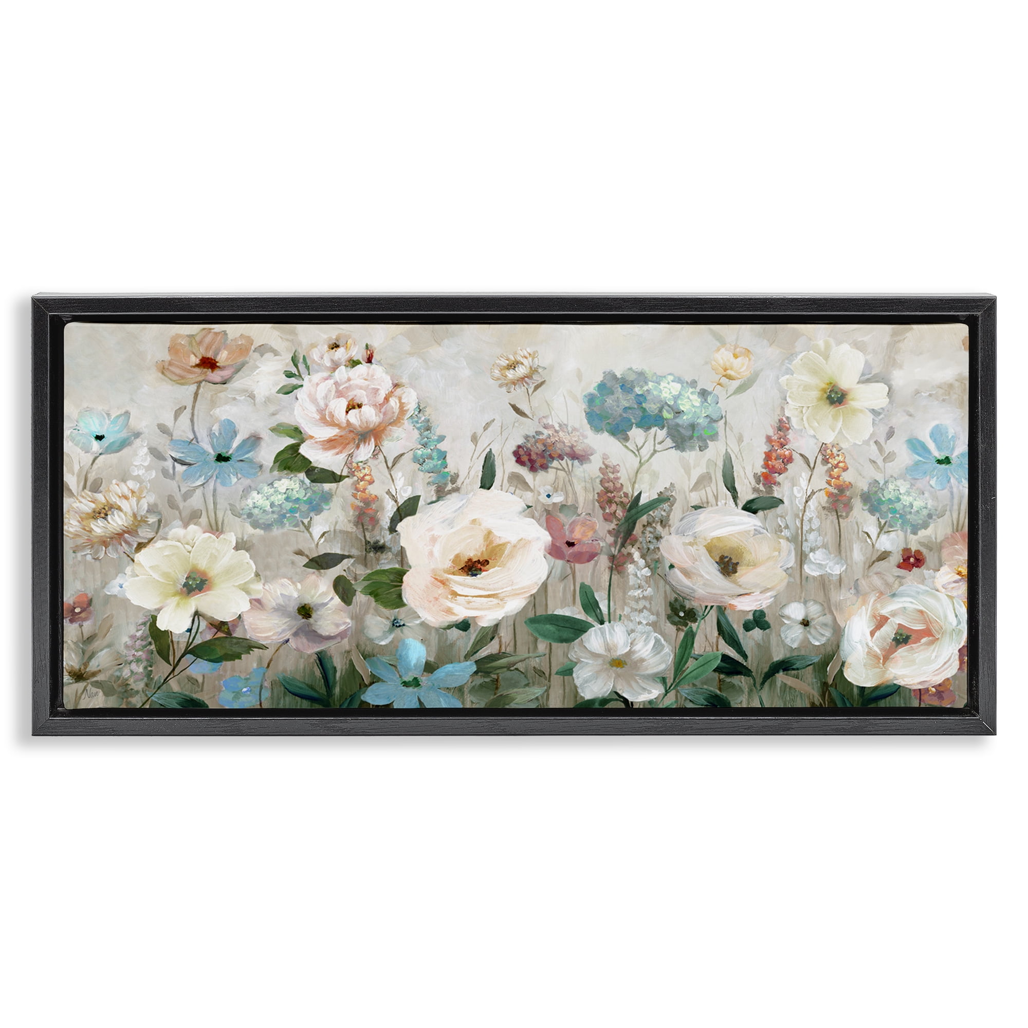 Stupell Industries Pastel Garden of Peonies Black Framed Floater Canvas Wall Art, design by Nan