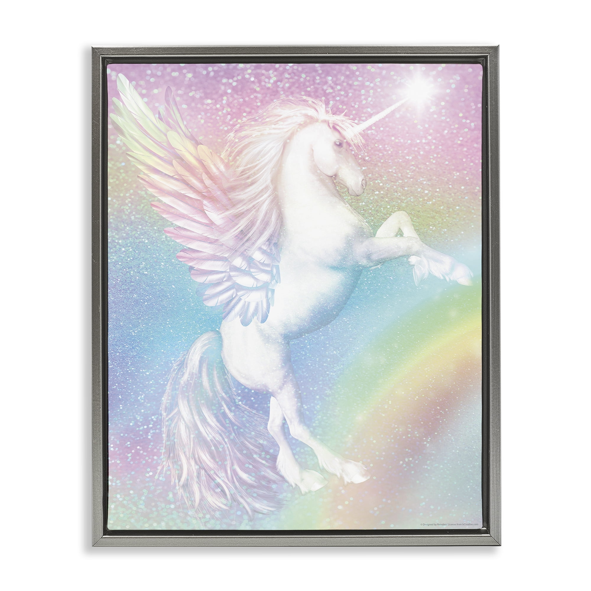 Stupell Industries Pastel Glitz Unicorn Fantasy & Sci-Fi Painting Gray Floater Framed Canvas Art Print Wall Art, 25 x 31