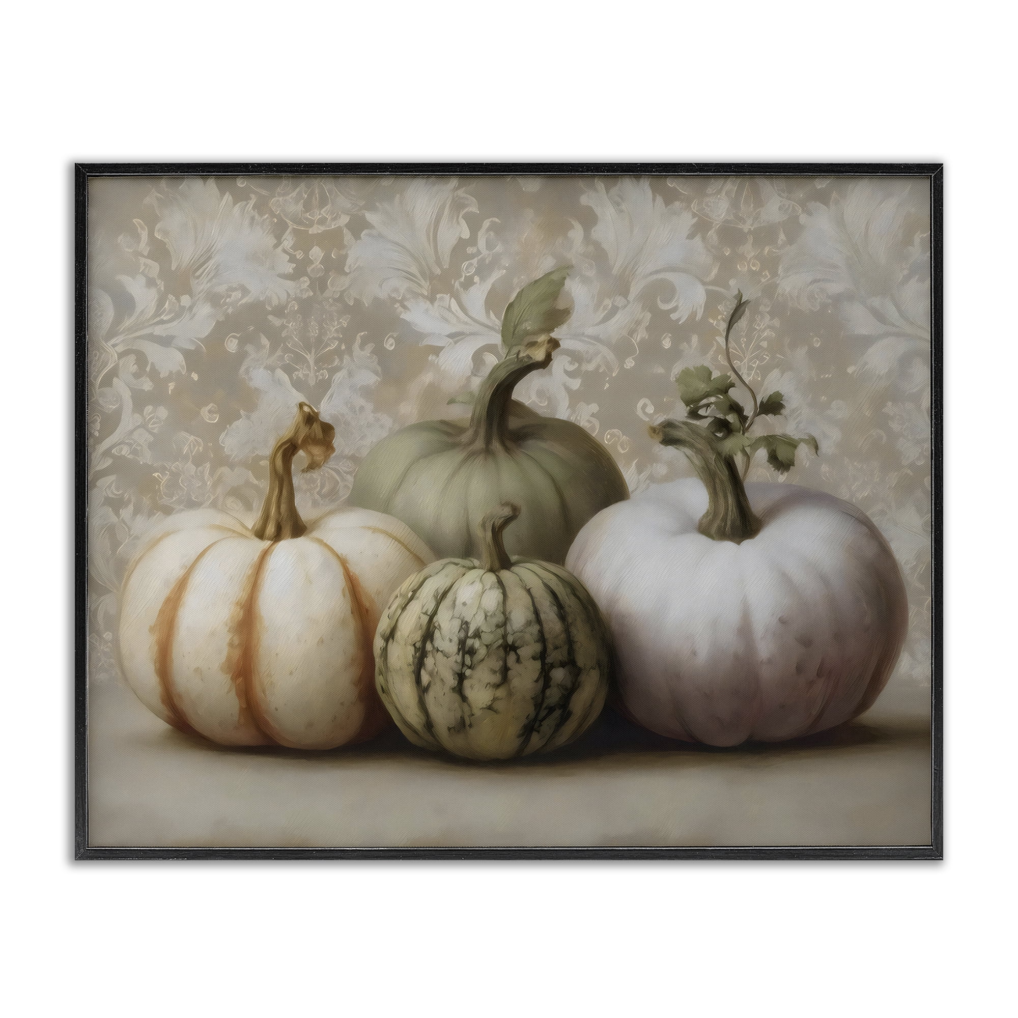 Stupell Industries Pastel Gourds on Vintage Pattern Black Framed Giclee Art, design by Arlington Prints