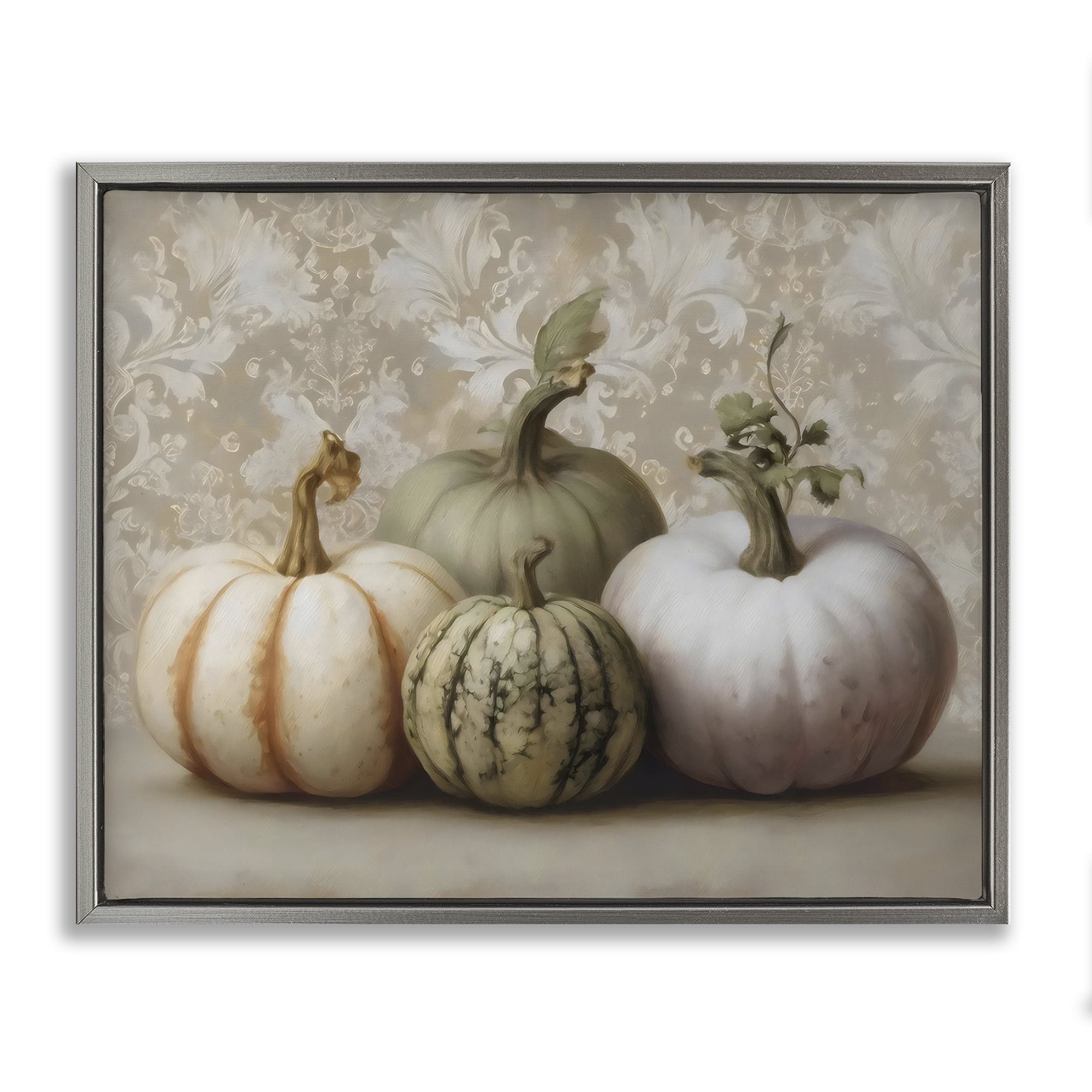 Stupell Industries Pastel Gourds on Vintage Pattern Gray Framed Floater Canvas Wall Art, design by Arlington Prints