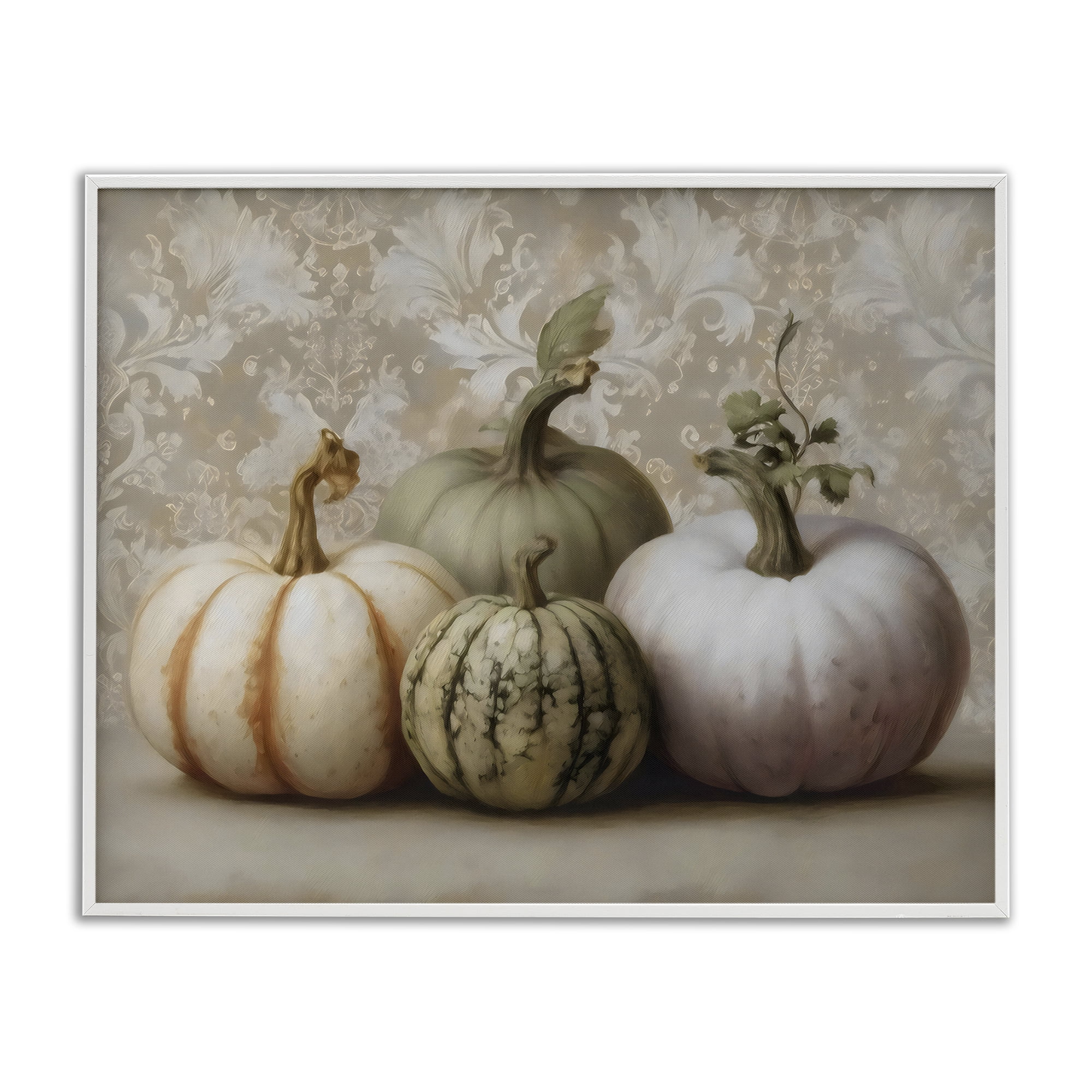 Stupell Industries Pastel Gourds on Vintage Pattern White Framed Giclee Art, design by Arlington Prints