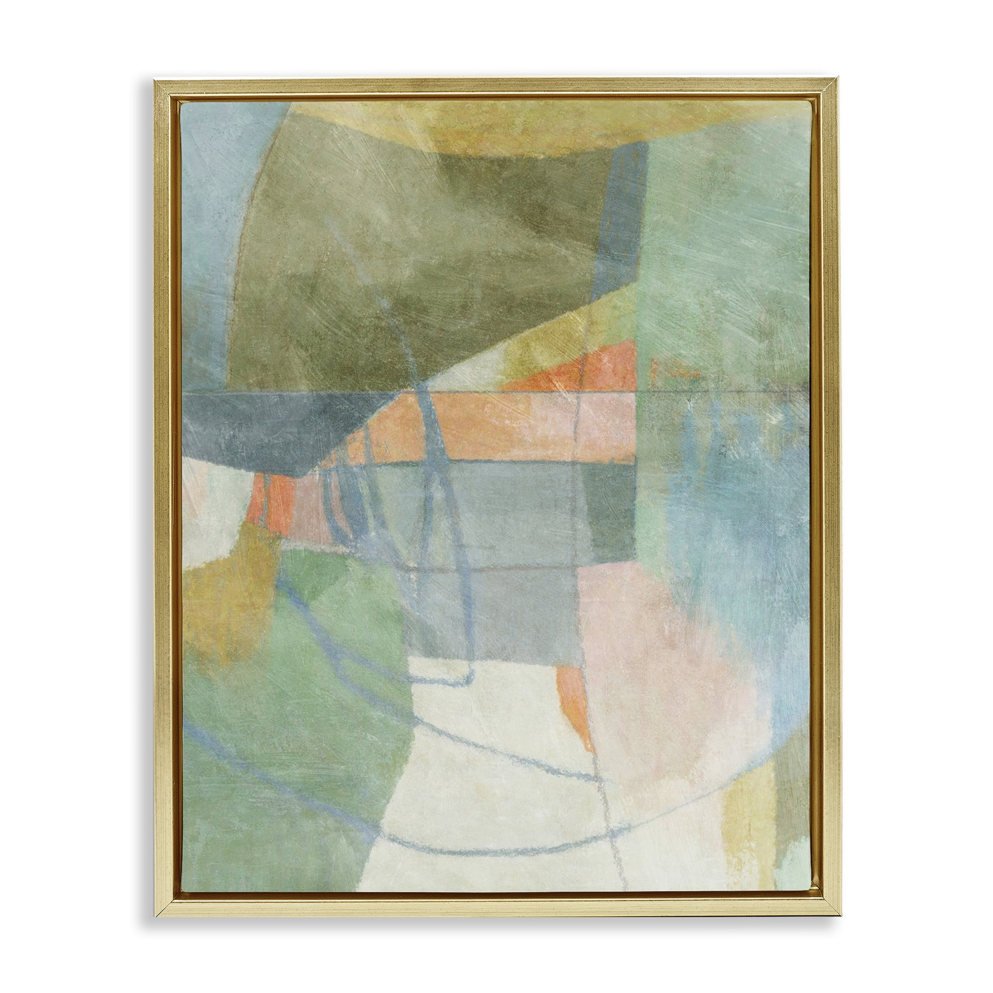 Stupell Industries Pastel & Green Shapes Abstract Painting Gold Floater Framed Canvas Art Print Wall Art, 17 x 21