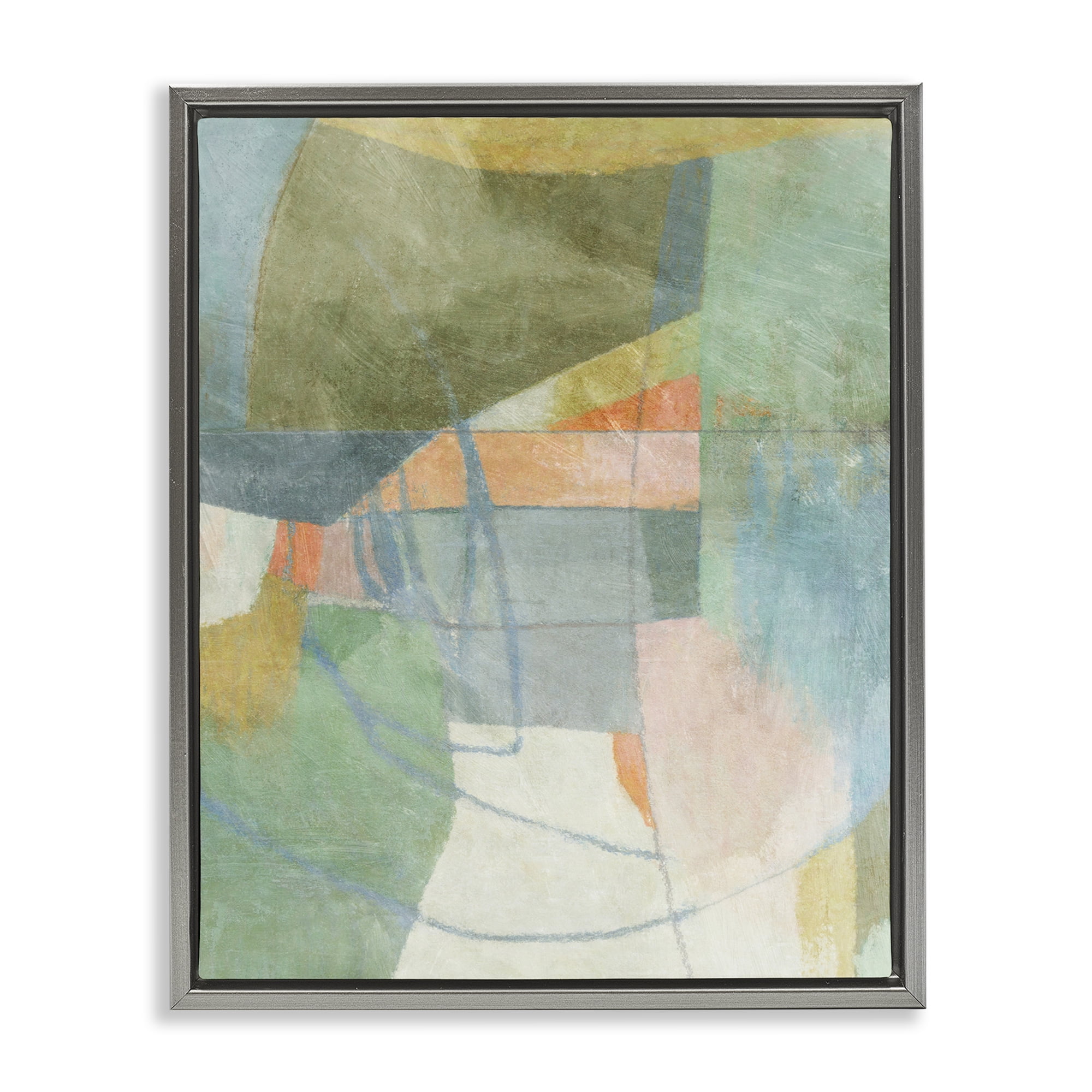 Stupell Industries Pastel & Green Shapes Abstract Painting Gray Floater Framed Canvas Art Print Wall Art, 17 x 21