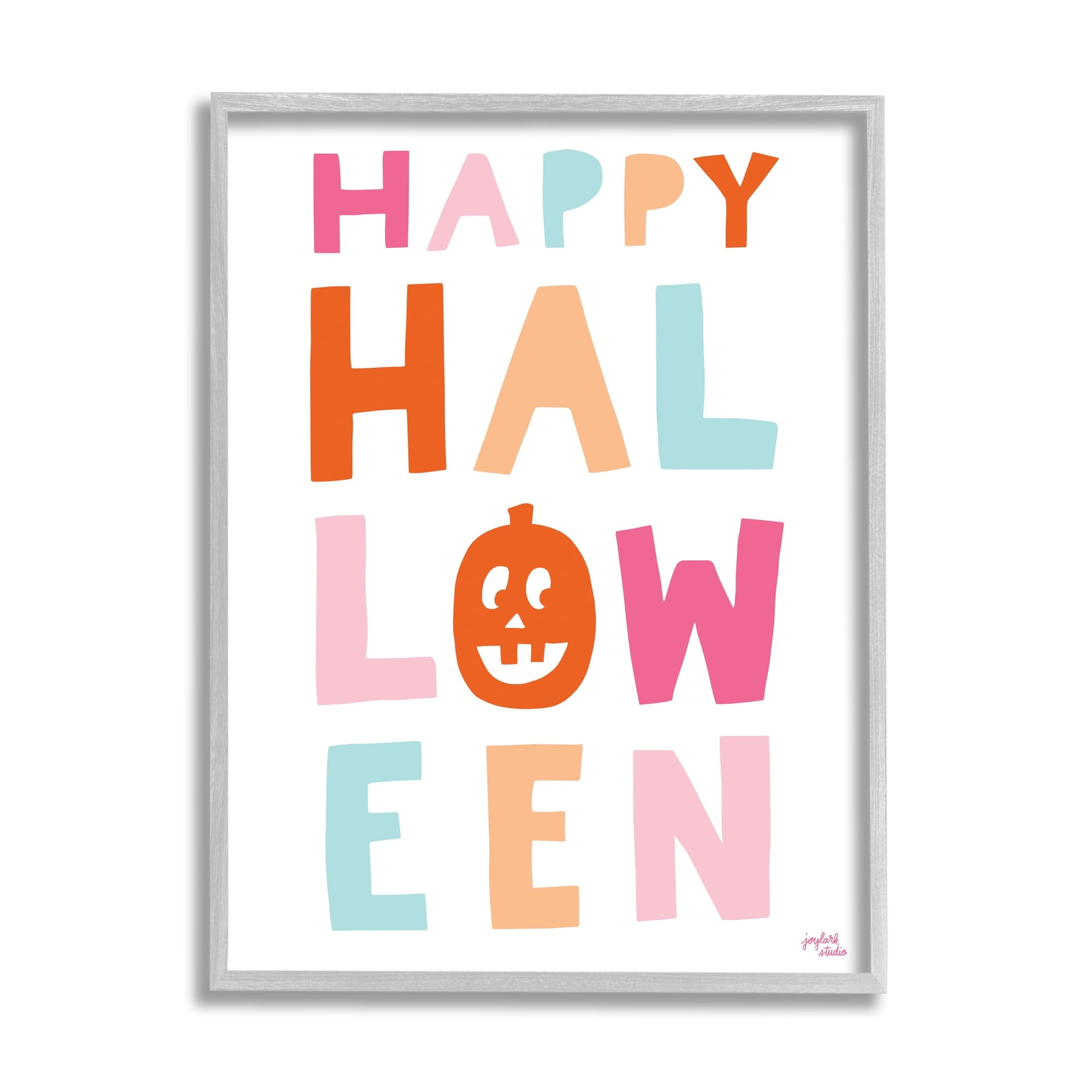 Stupell Industries Pastel Happy Halloween Text Whimsical Pumpkin Motif Graphic Art Gray Framed Art Print Wall Art, Design by Jess Baskin