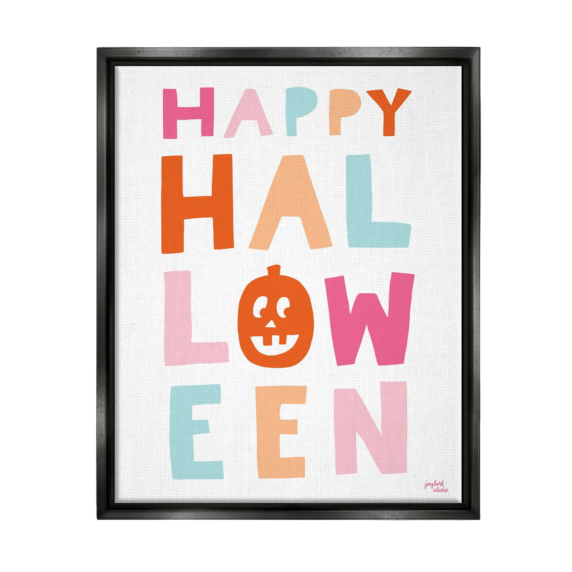 Stupell Industries Pastel Happy Halloween Text Whimsical Pumpkin Motif Graphic Art Jet Black Floating Framed Canvas Print Wall Art, Design by Jess Baskin