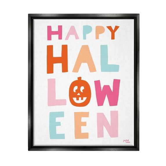 Stupell Industries Pastel Happy Halloween Text Whimsical Pumpkin Motif Graphic Art Jet Black Floating Framed Canvas Print Wall Art, Design by Jess Baskin