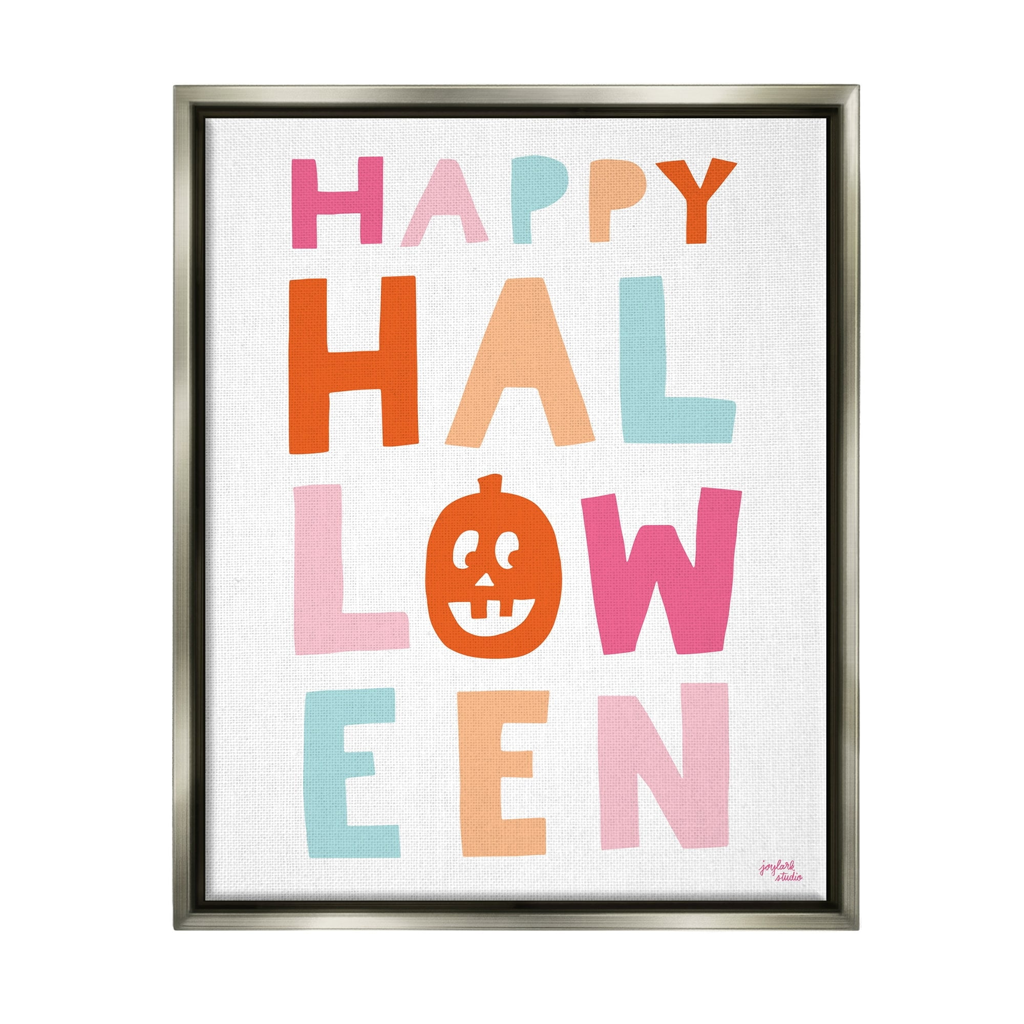 Stupell Industries Pastel Happy Halloween Text Whimsical Pumpkin Motif Graphic Art Luster Gray Floating Framed Canvas Print Wall Art, Design by Jess Baskin