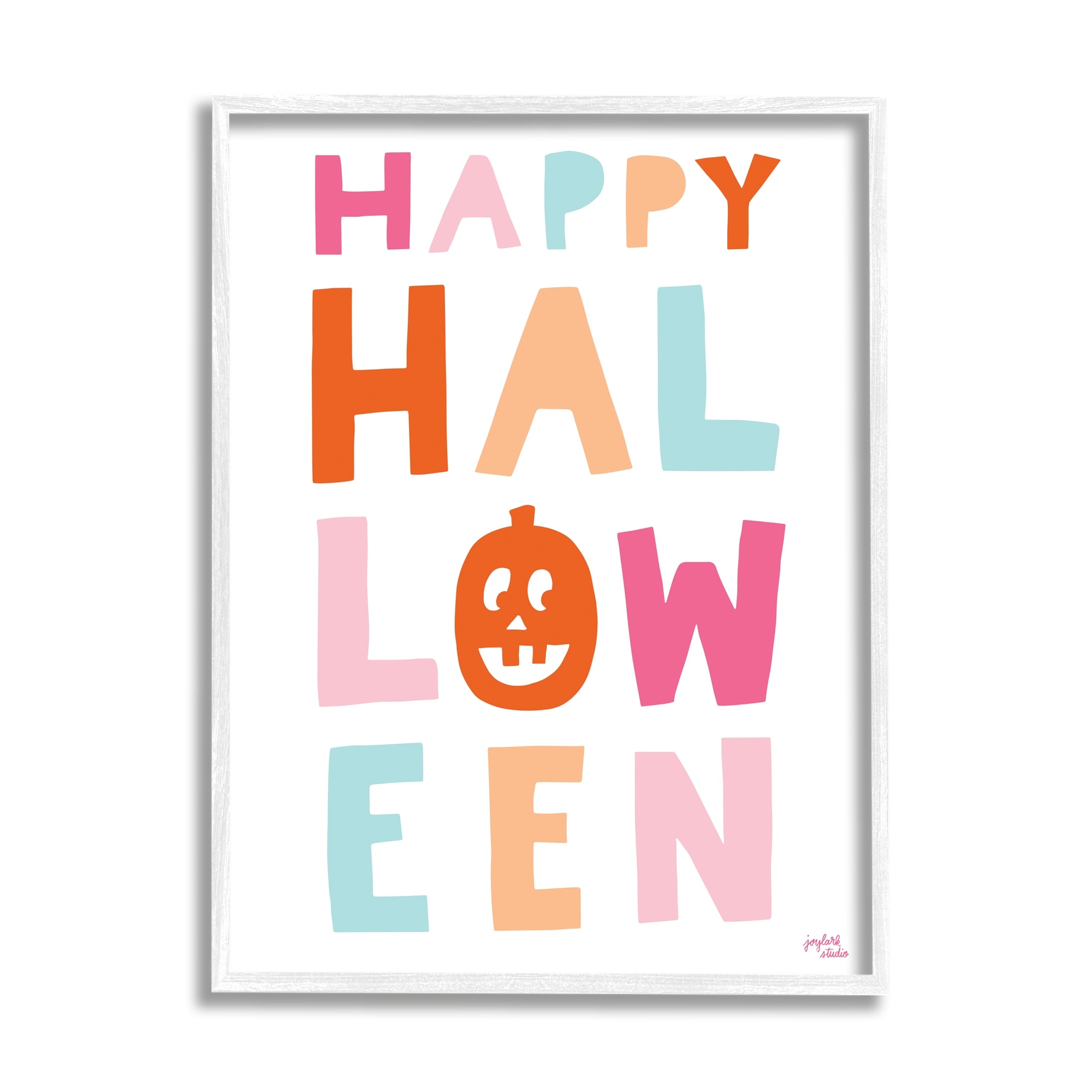 Stupell Industries Pastel Happy Halloween Text Whimsical Pumpkin Motif Graphic Art White Framed Art Print Wall Art, Design by Jess Baskin