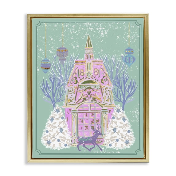 Stupell Industries Art Deco Pastel Holiday Snowy Architecture Gold Floating Frame Canvas Art, 25 x 31, by Melissa Wang
