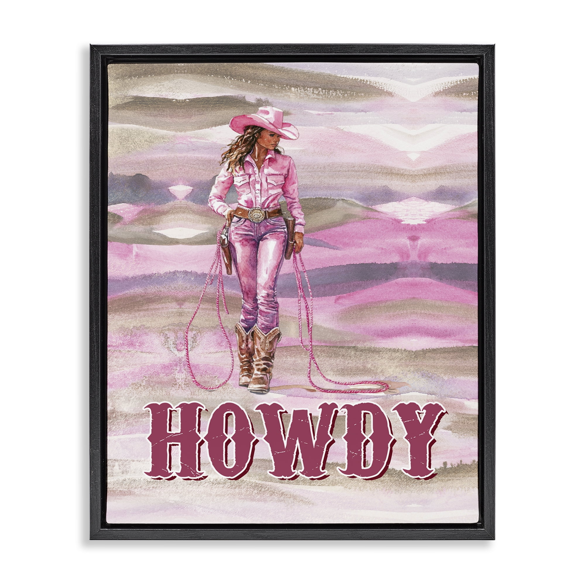 Stupell Industries Pastel Howdy Cowgirl People Painting Black Floater Framed Canvas Art Print Wall Art, 25 x 31