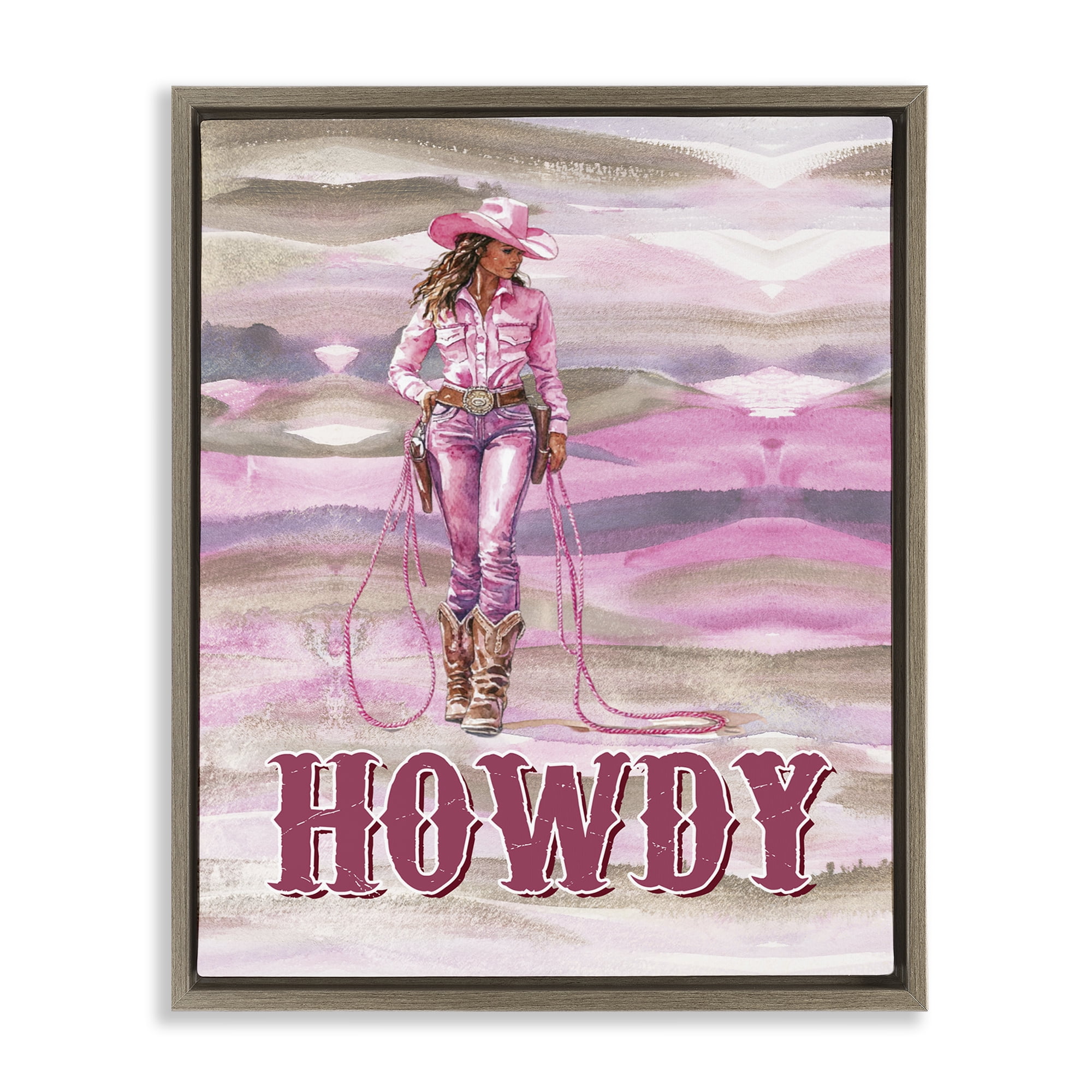 Stupell Industries Pastel Howdy Cowgirl People Painting Brown Floater Framed Canvas Art Print Wall Art, 25 x 31