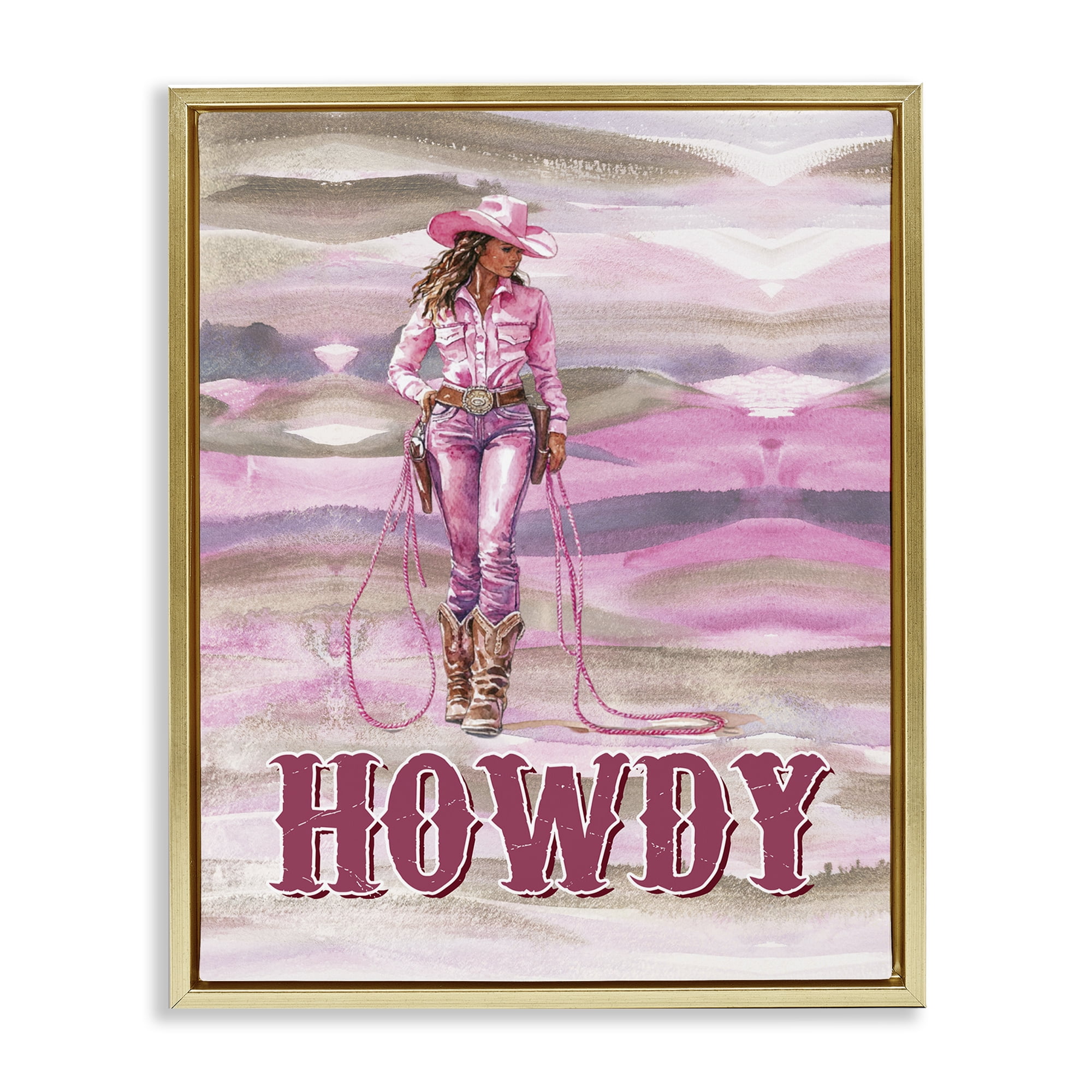 Stupell Industries Pastel Howdy Cowgirl People Painting Gold Floater Framed Canvas Art Print Wall Art, 17 x 21