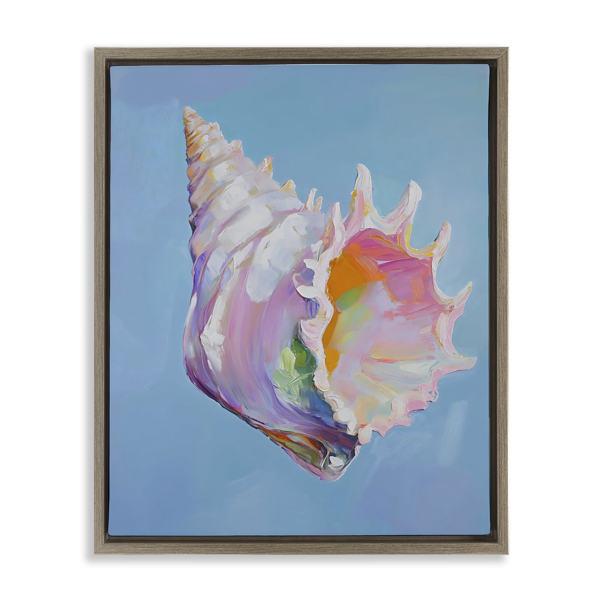 Stupell Industries Pastel Hued Conch on Blue Brown Framed Floater Canvas Wall Art, design by The Prints Vibe