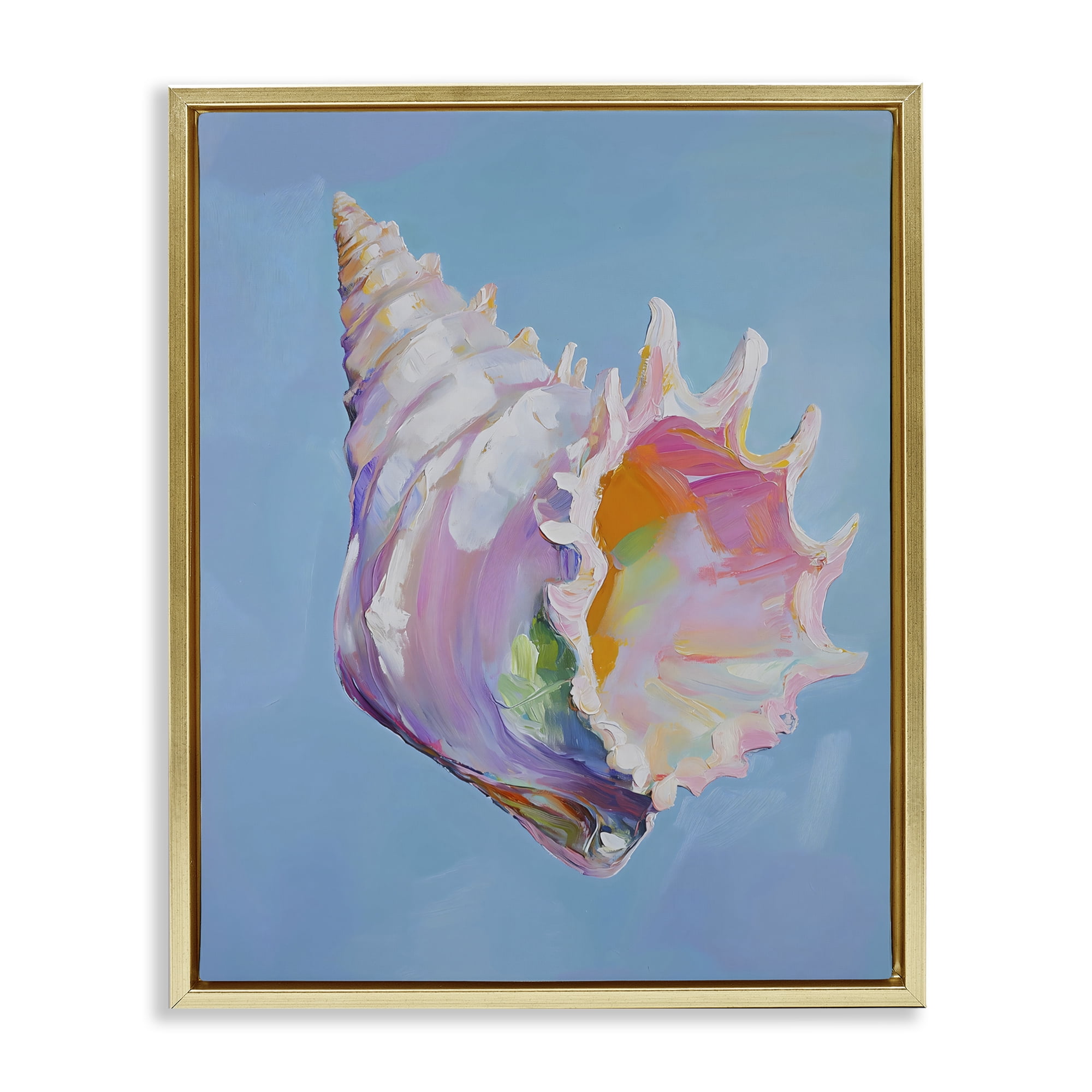 Stupell Industries Pastel Hued Conch on Blue Gold Framed Floater Canvas Wall Art, design by The Prints Vibe