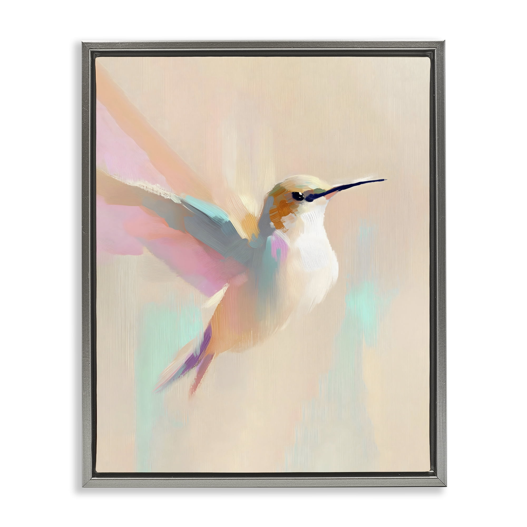 Stupell Industries Pastel Hummingbird in Flight Gray Framed Floater Canvas Wall Art, design by The Prints Vibe