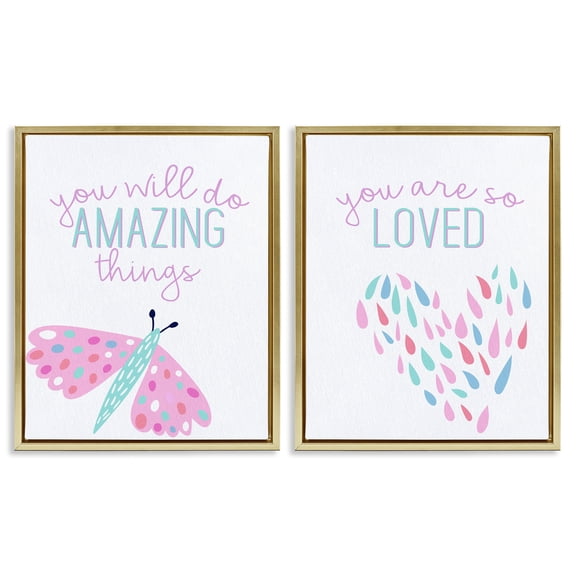 Stupell Industries Pastel Inspirations with Dragonfly Quotes and Sayings Painting Gold Floater Framed Canvas Art Print Wall Art, 31 x 25, Set of 2