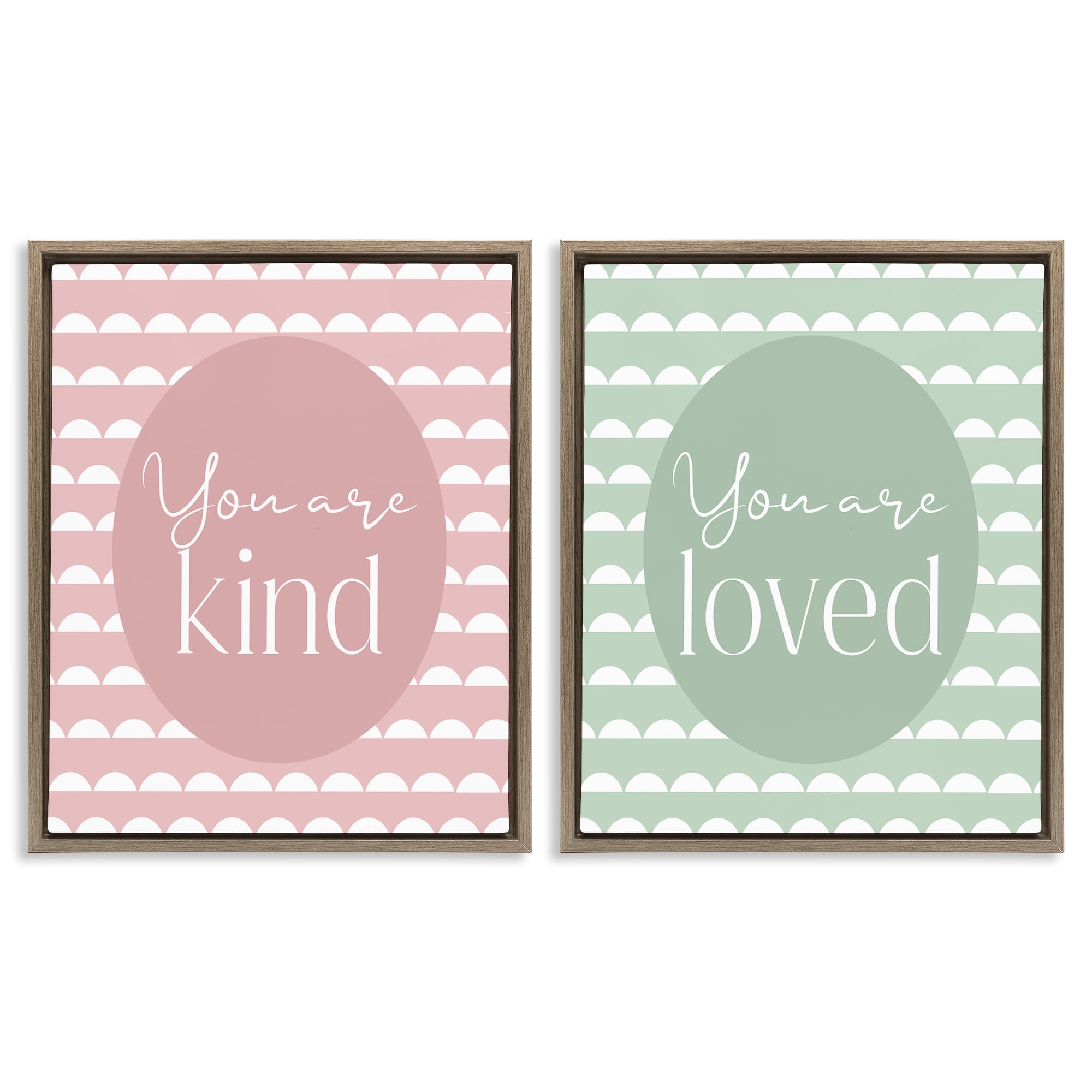 Stupell Industries Pastel Kind & Loved 2 Piece Brown Framed Floater Canvas Set, design by Christine Simpson Art
