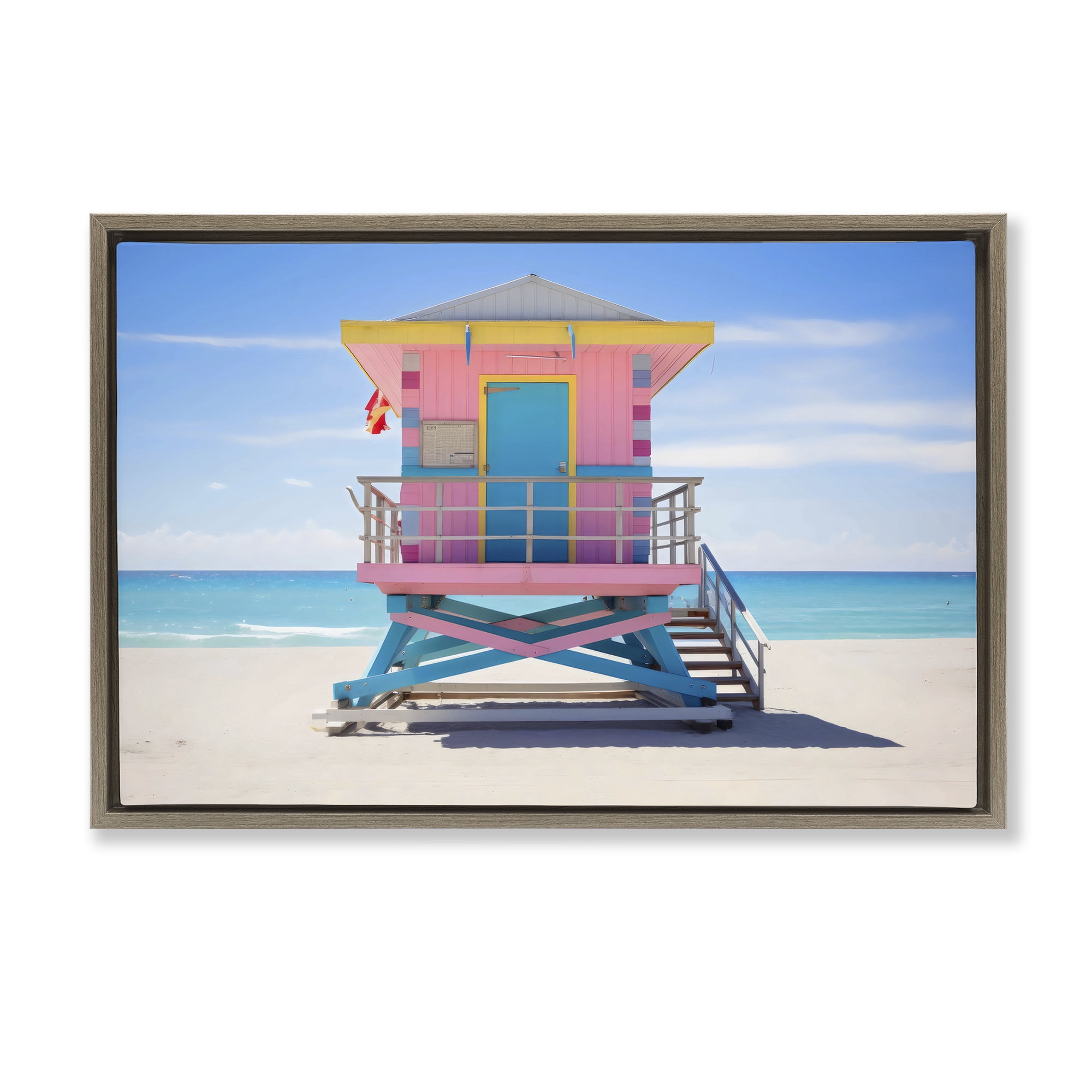 Stupell Industries Pastel Lifeguard Hut on Beach Brown Framed Floater Canvas Wall Art, design by Creative Studio
