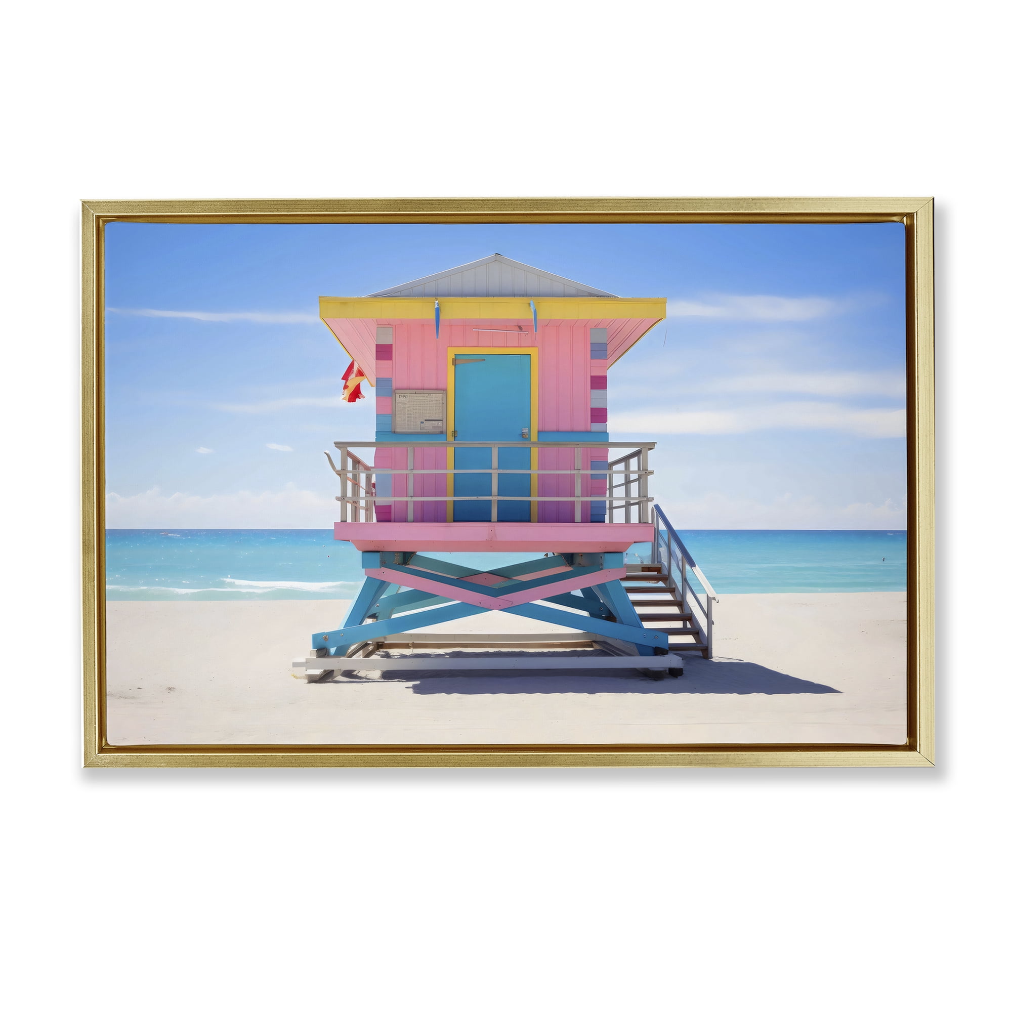 Stupell Industries Pastel Lifeguard Hut on Beach Gold Framed Floater Canvas Wall Art, design by Creative Studio