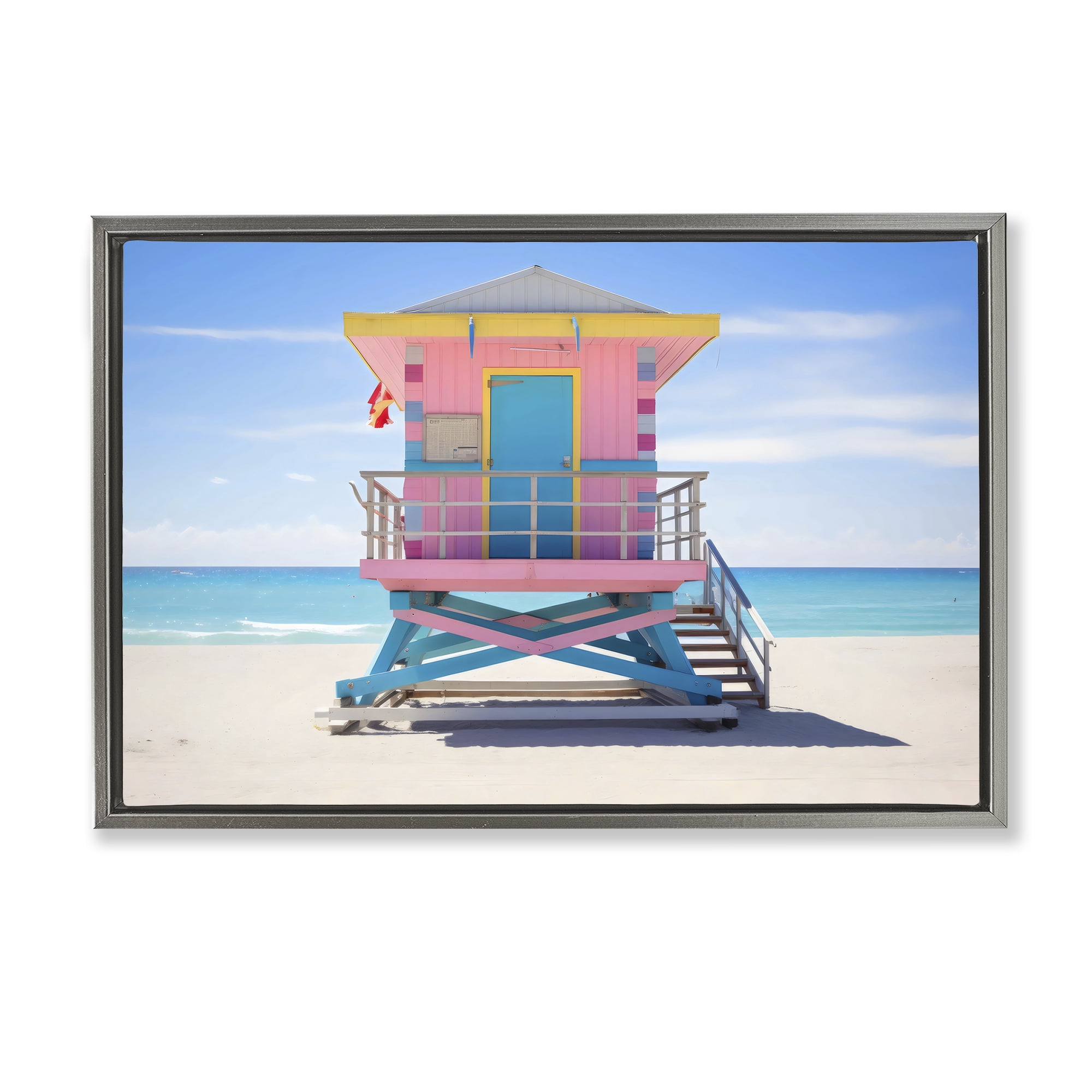 Stupell Industries Pastel Lifeguard Hut on Beach Gray Framed Floater Canvas Wall Art, design by Creative Studio