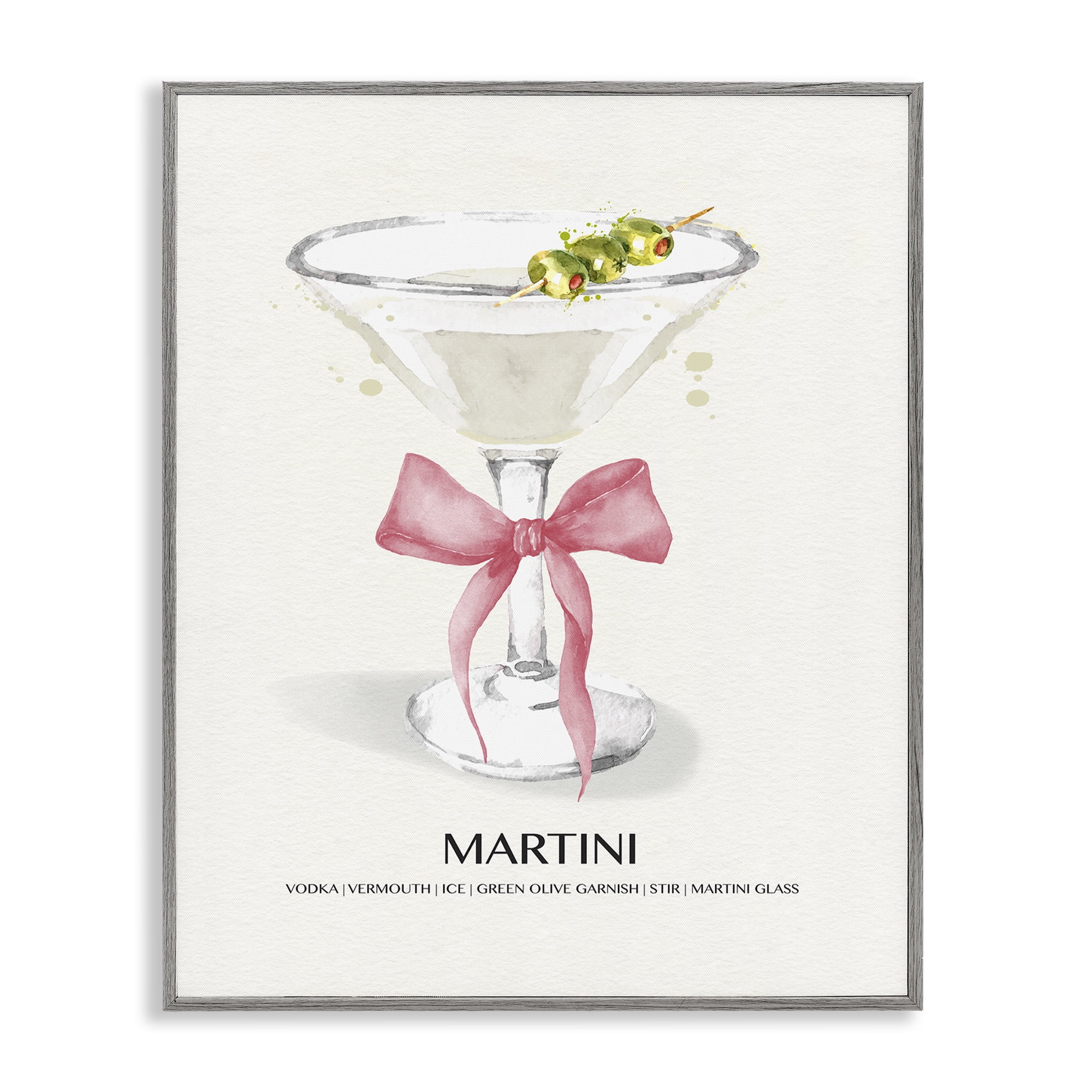 Stupell Industries Pastel Martini with Bow Food & Beverage Painting Gray Framed Art Print Wall Art, 24 x 30