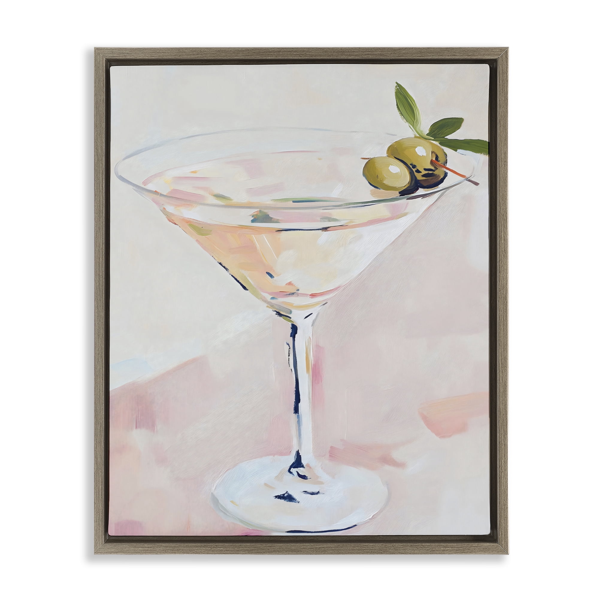 Stupell Industries Pastel Martini with Olive Garnish Brown Framed Floater Canvas Wall Art, design by The Prints Vibe